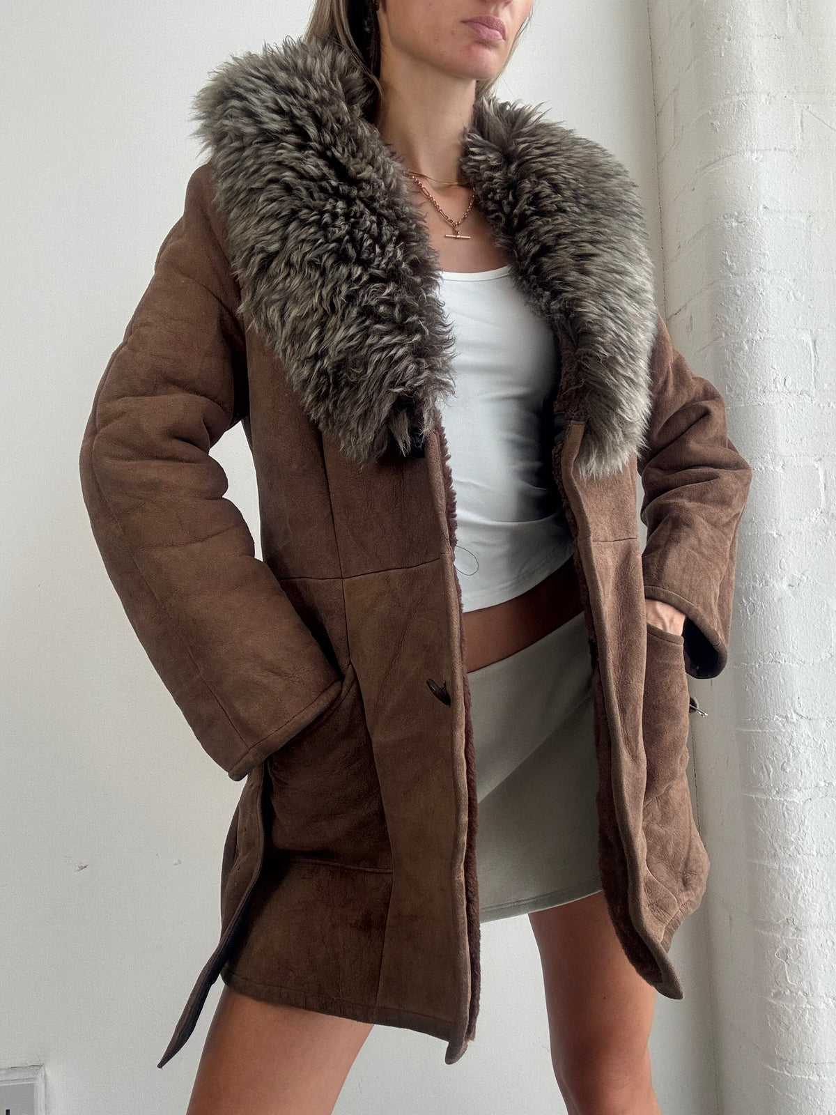Vintage Y2K Brown Suede Sheepskin Belted Fur Collar Coat - Size M