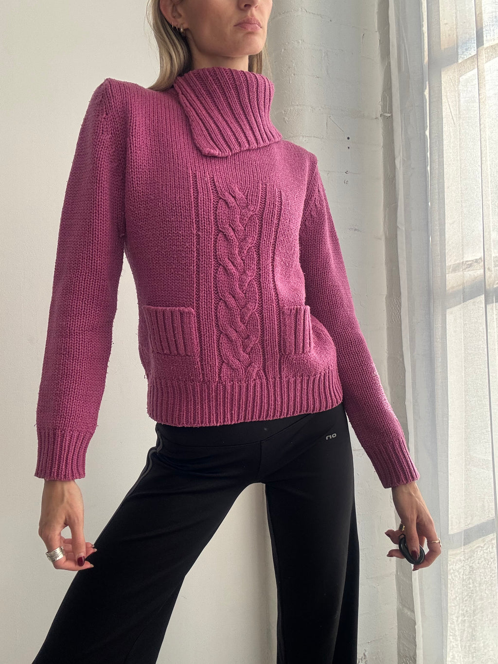 Vintage Y2K purple cable knit roll neck jumper