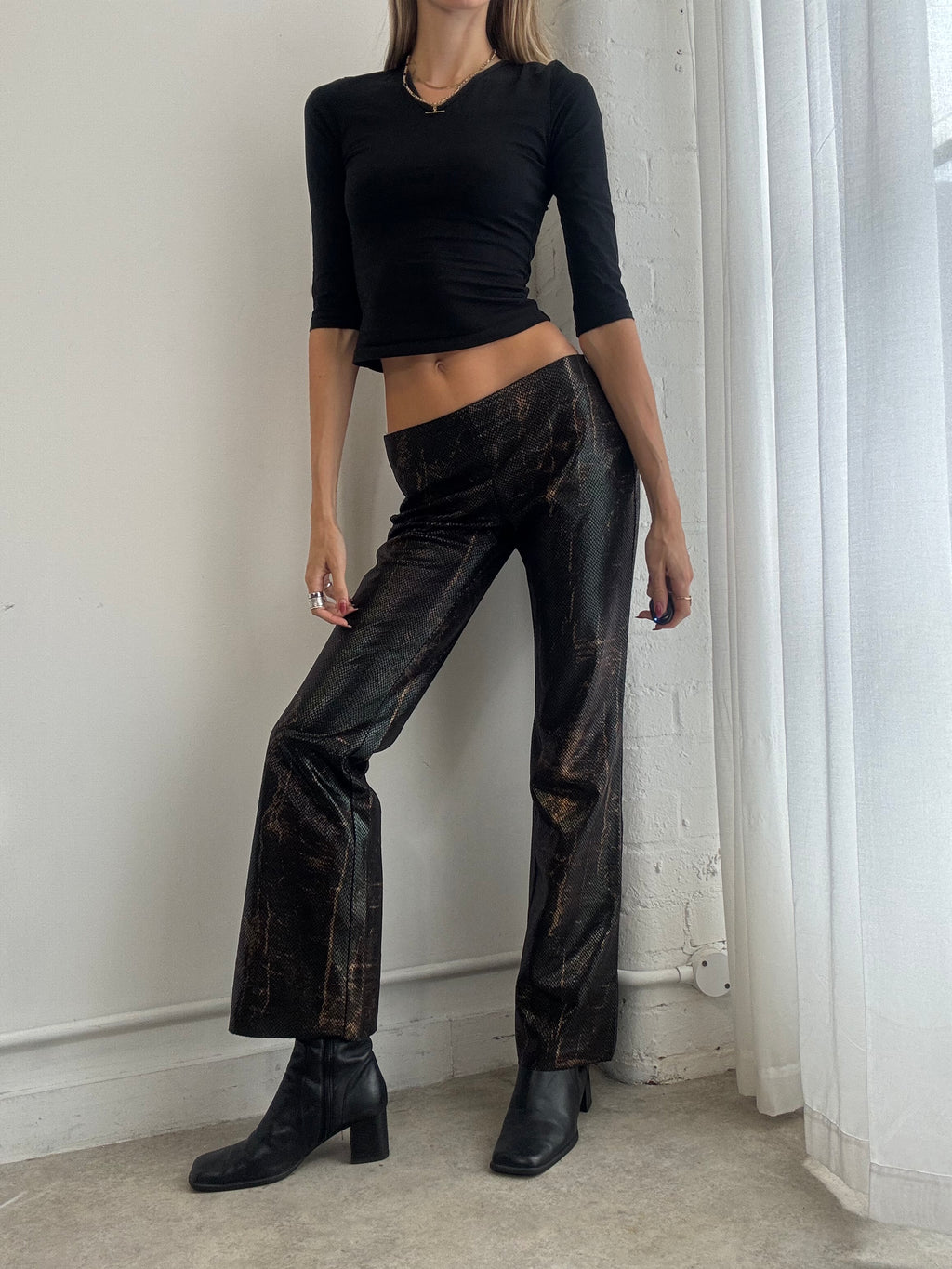 Vintage Y2K Brown Metallic Snake Print Low Rise Trousers - Size S