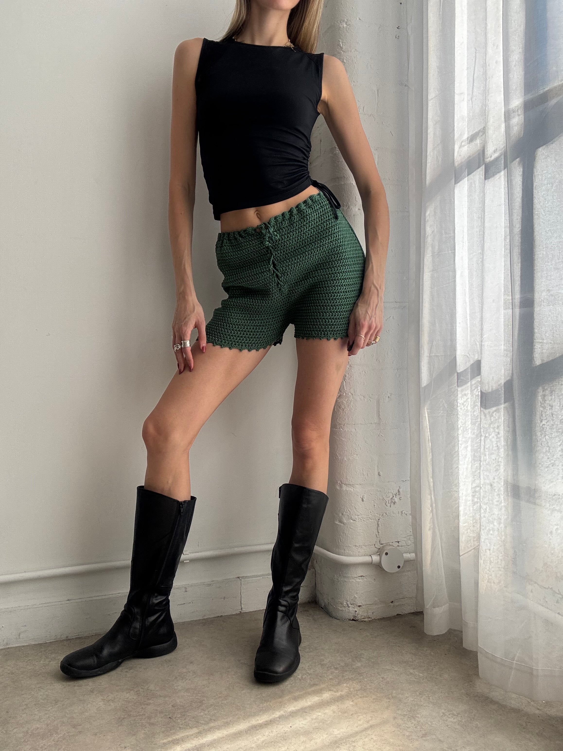 Vintage Y2K green crochet knit lace up shorts