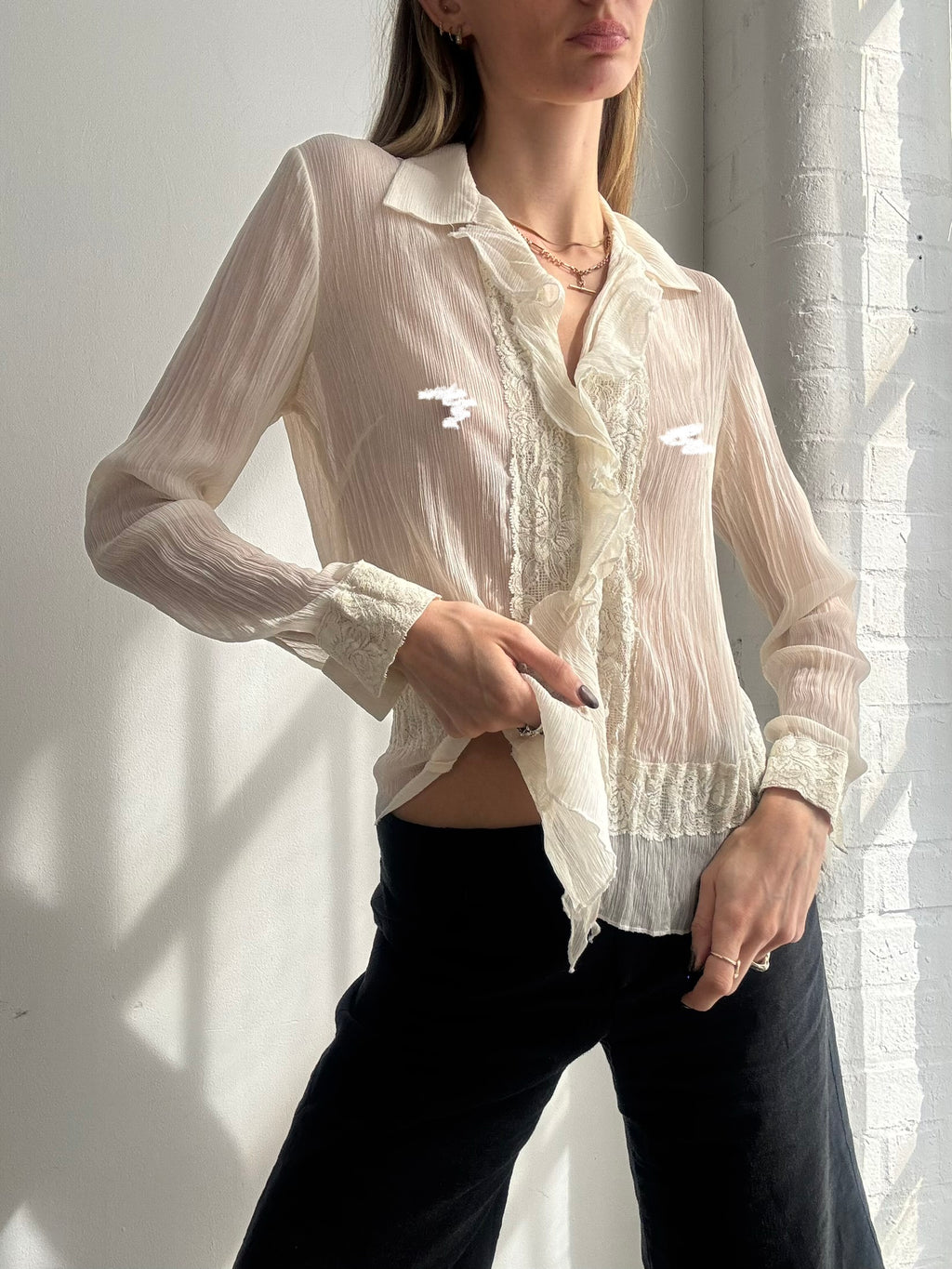 Vintage Y2K sheer ivory chiffon blouse - Size S