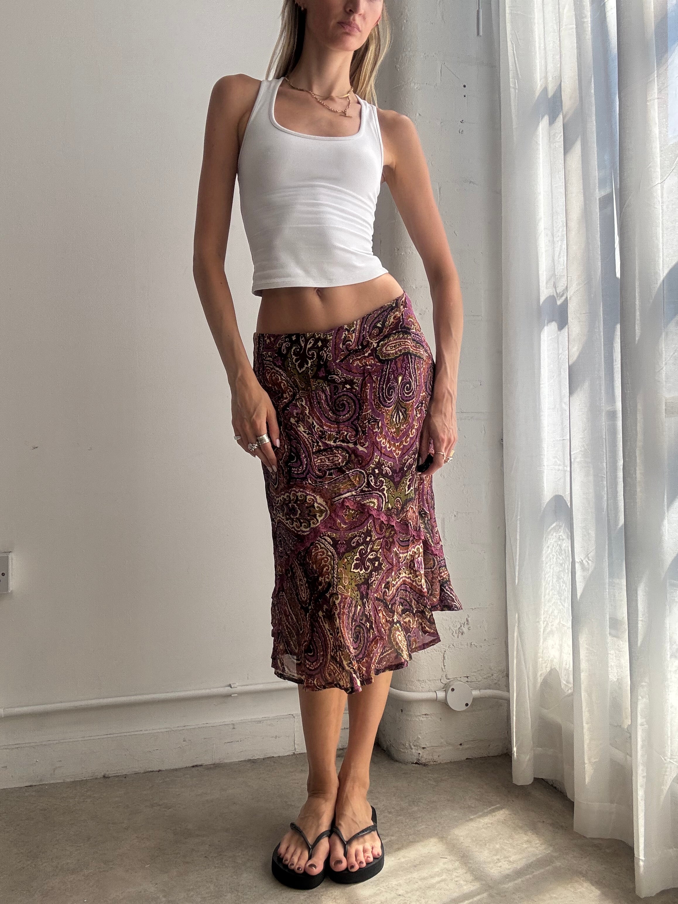 Vintage Paisley Print Mesh Midi Skirt Y2K - Size M