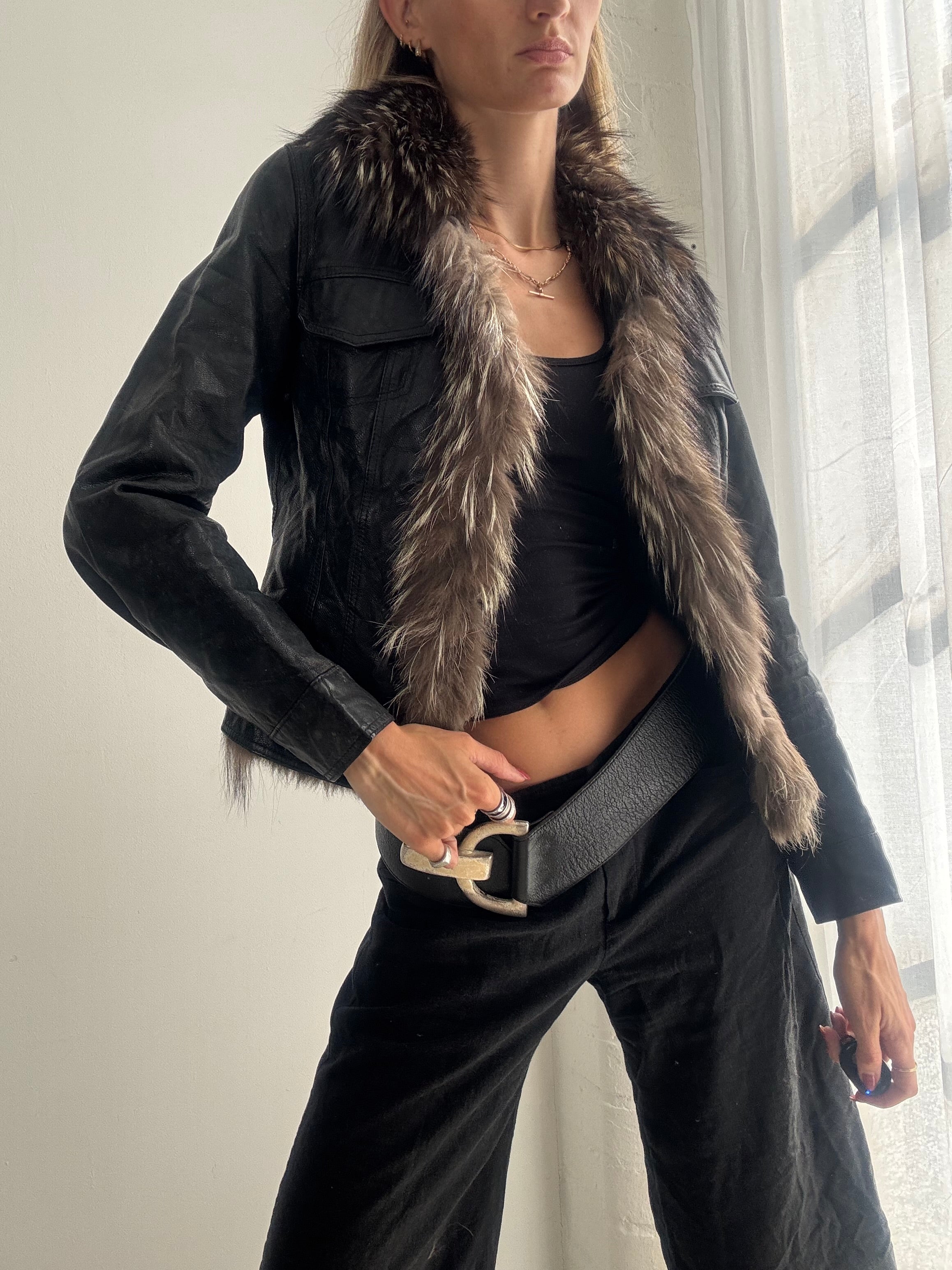 Vintage Y2K Black Leather Fox Fur Trim Afghan Jacket - Size XS