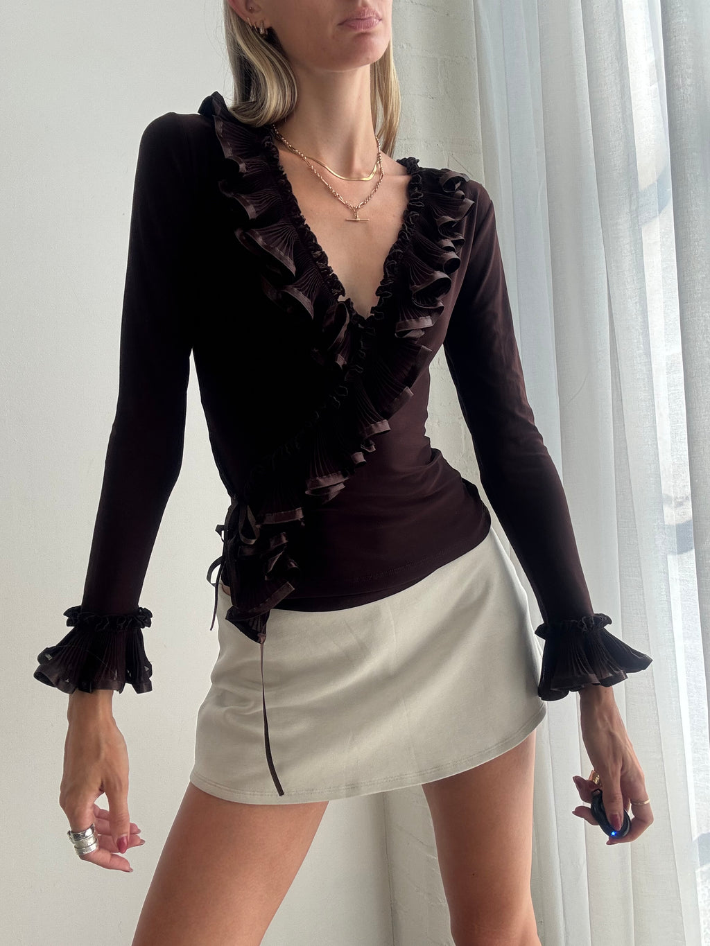 Vintage y2k Chocolate Brown Ruffle Wrap Top - Size XS-M