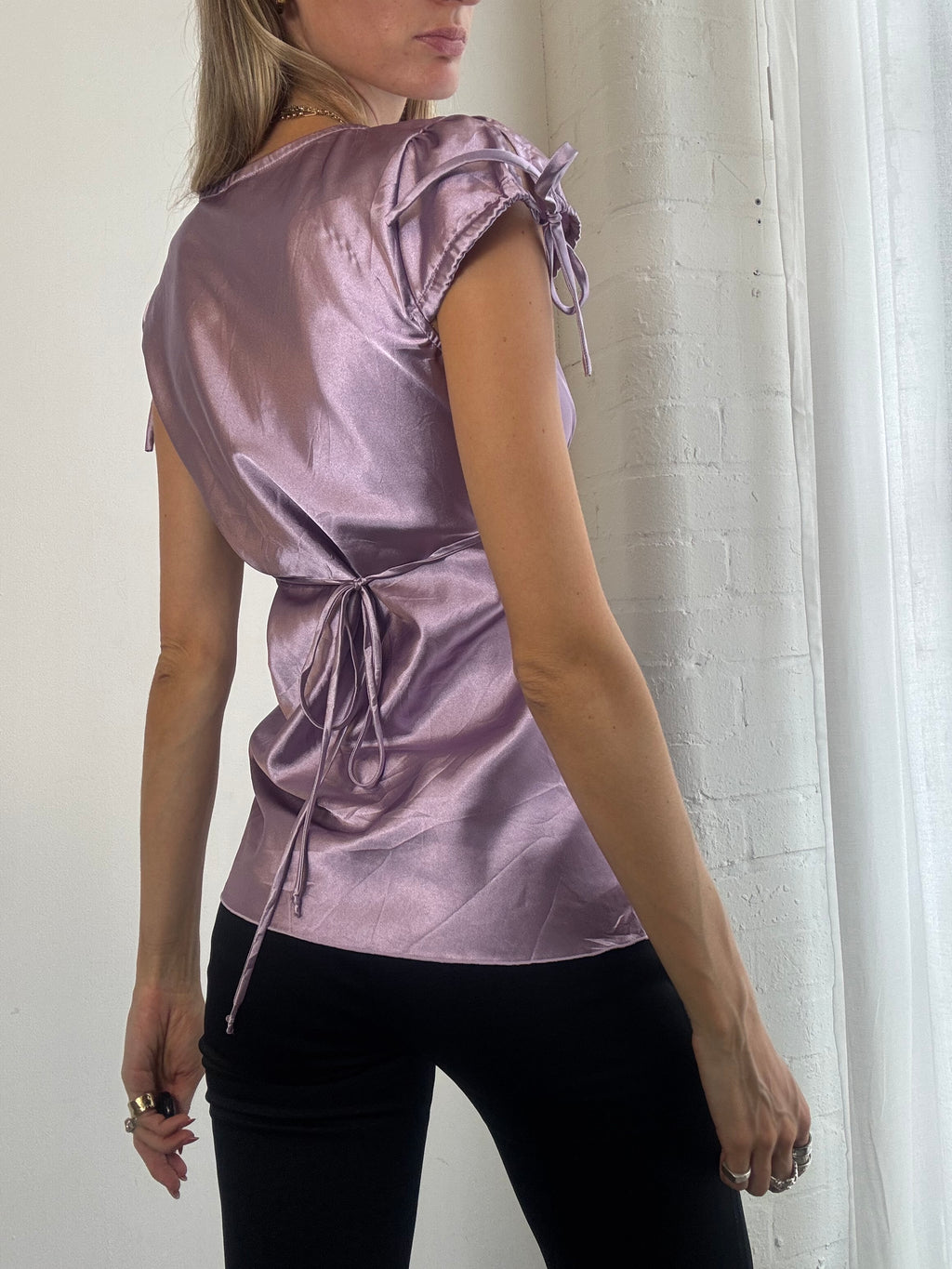 Vintage Y2K Lilac Satin Ruched Top Blouse - Size M