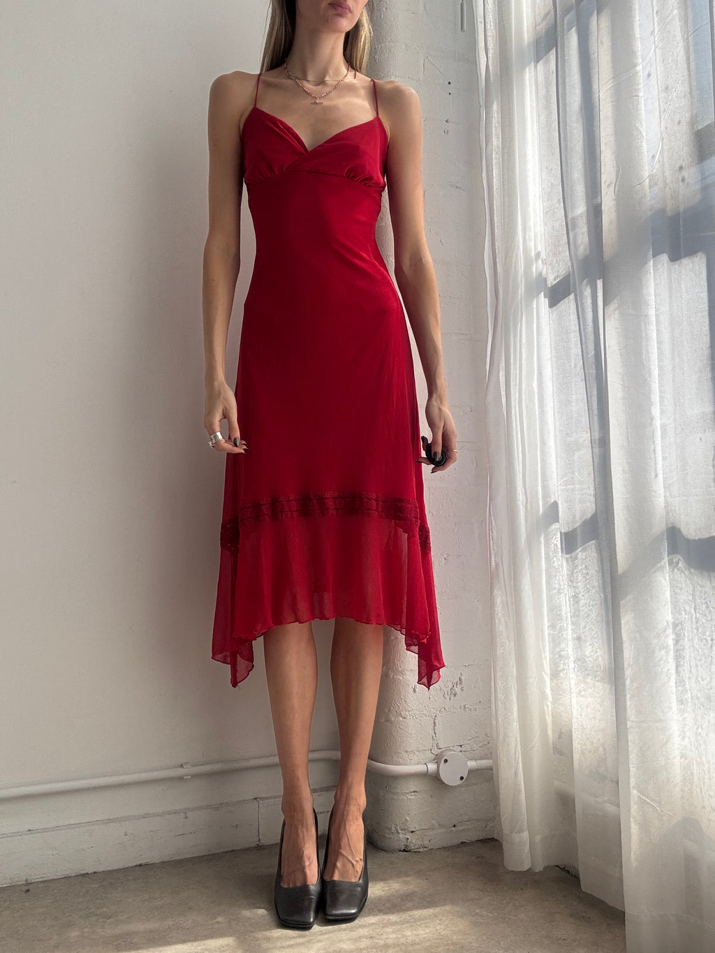 Vintage Y2K red chiffon asymmetrical midi dress - Size S