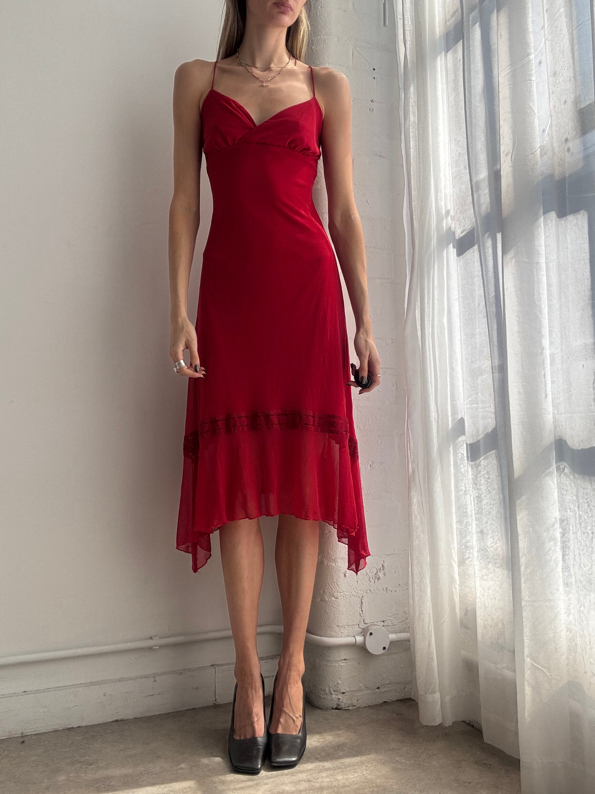 Vintage Y2K red chiffon asymmetrical midi dress - Size S