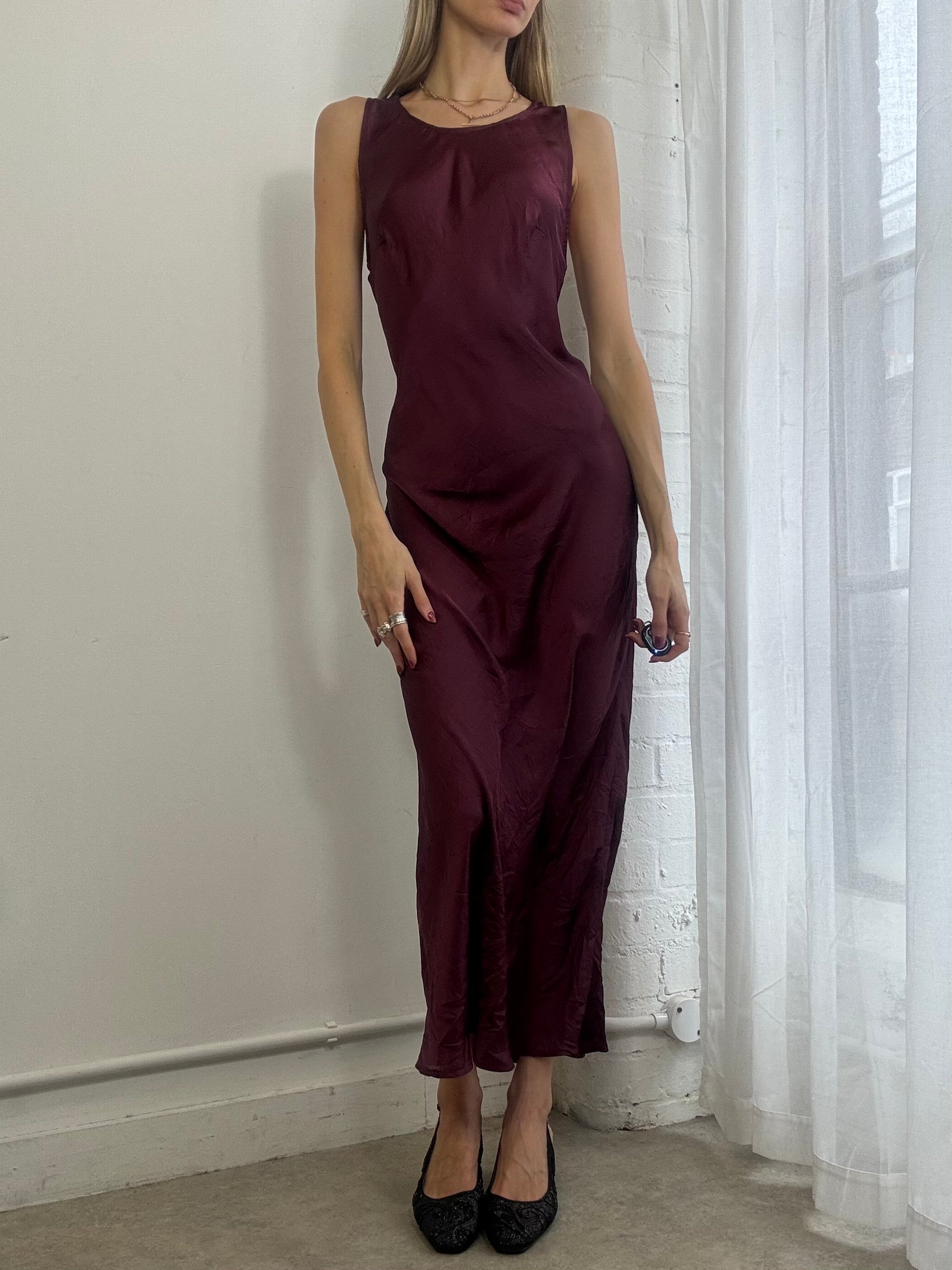 Vintage Y2k Burgundy Satin Maxi Dress Minimal Going Out Evening
