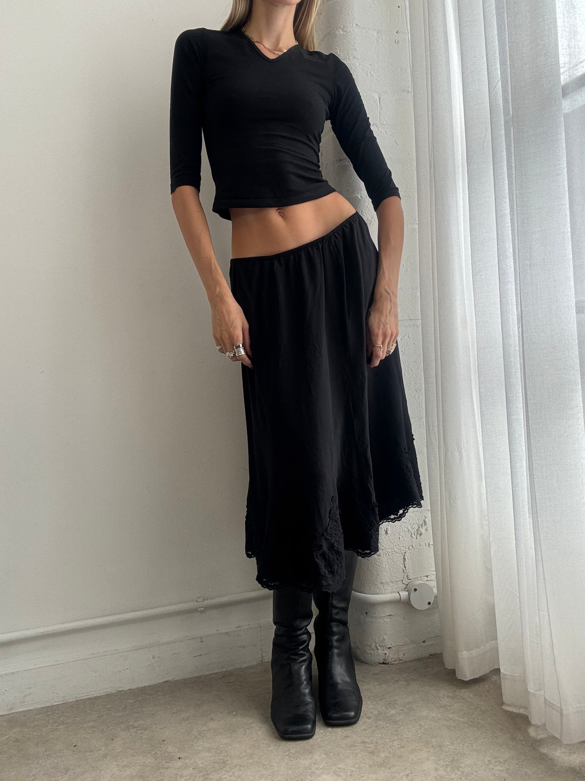 Vintage Y2K Black Floaty Silk & Lace Midi Skirt - Size M