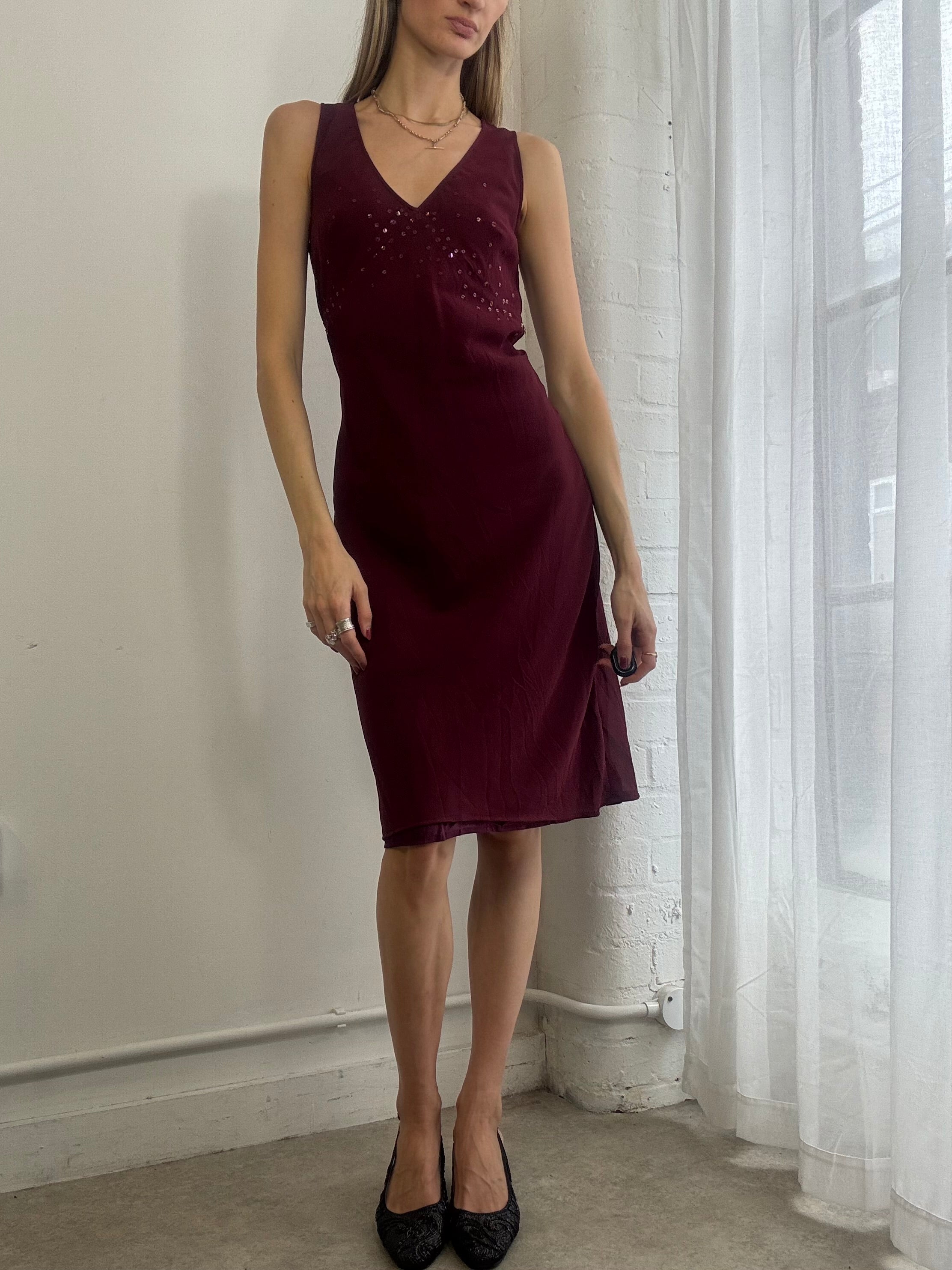 Vintage Y2k Burgundy Mesh Midi Dress Sequins