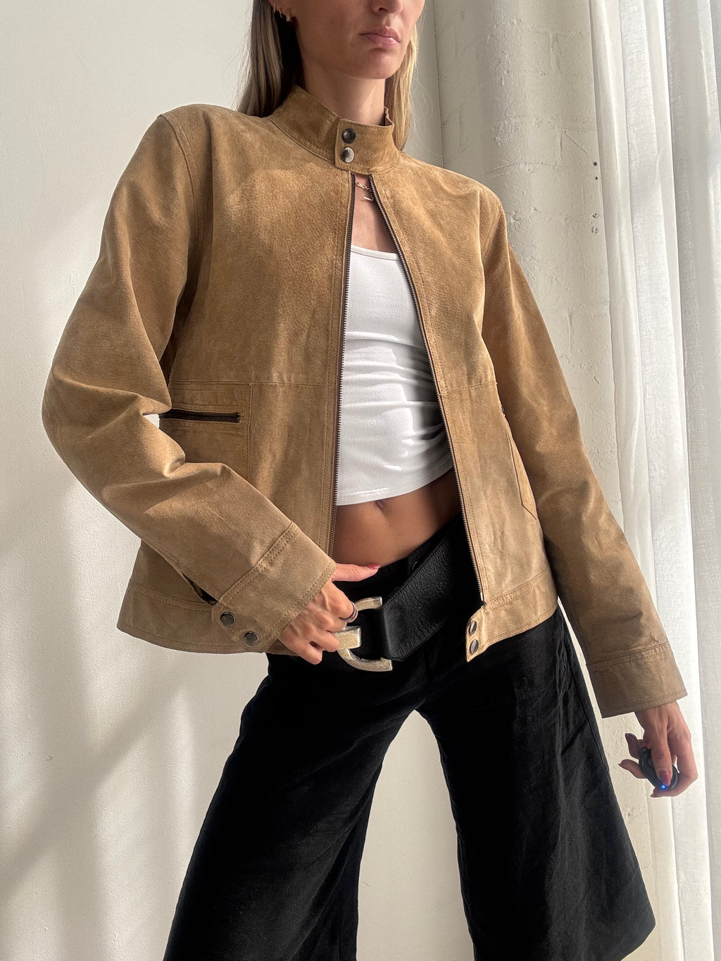 Vintage Y2K Tan Suede Biker Jacket - Size M/L