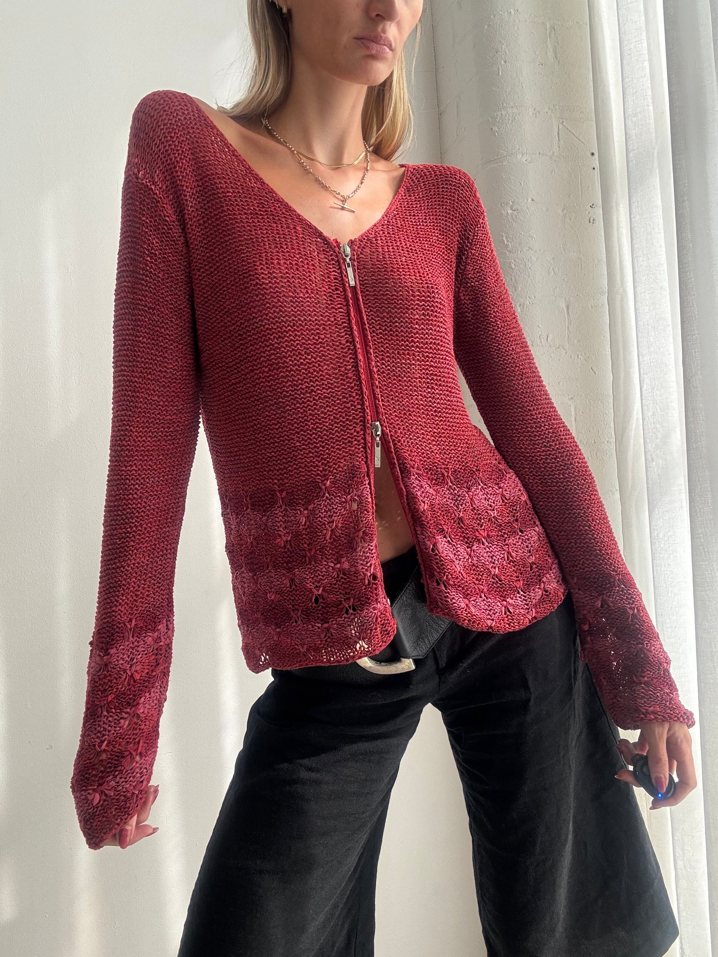 Vintage Y2K Burgundy Dual Zip Flared Cardigan Top Jumper - Size M