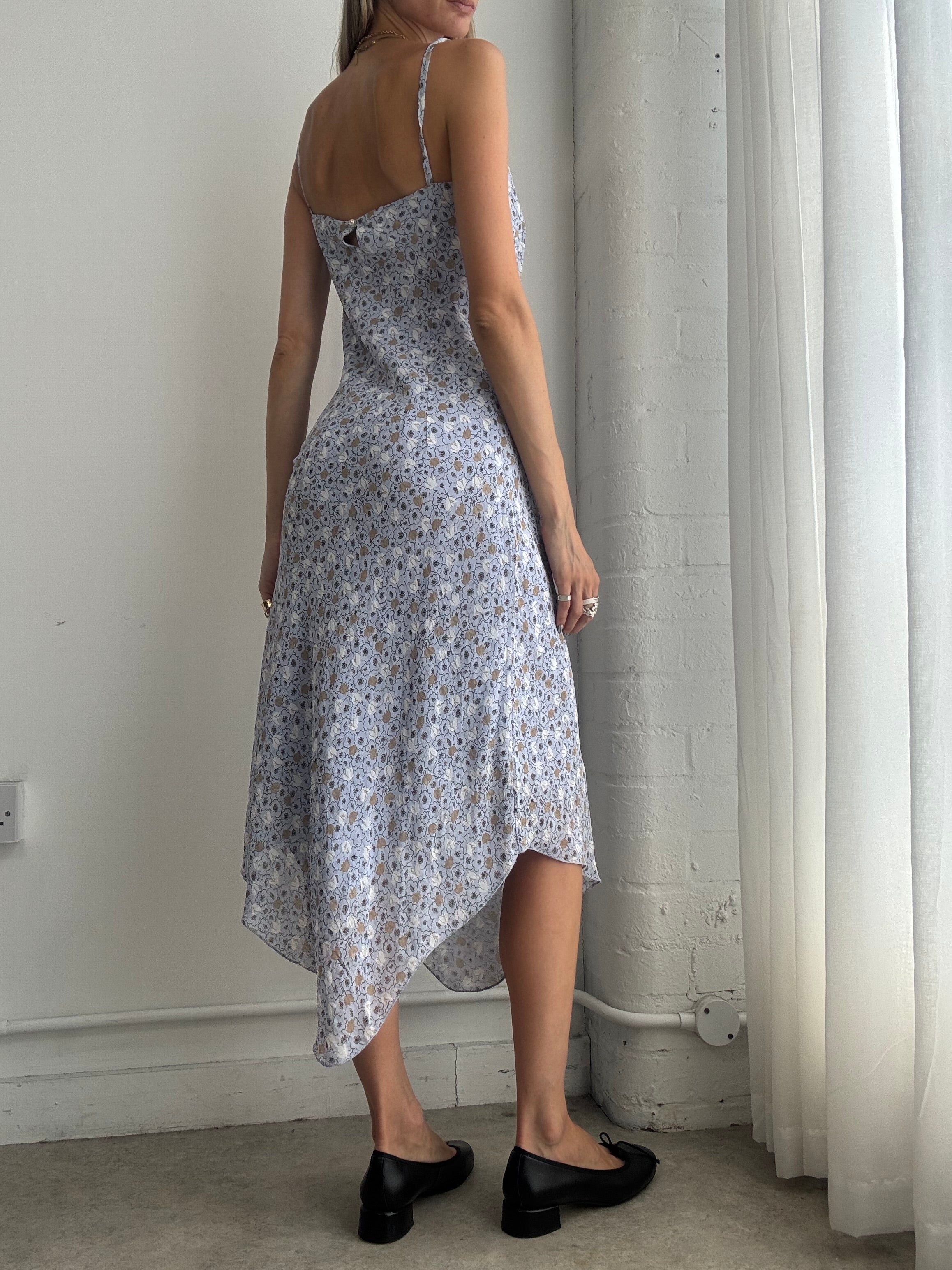 Vintage Y2K Ditsy Floral Asymmetric Blue Midi Dress – Size M