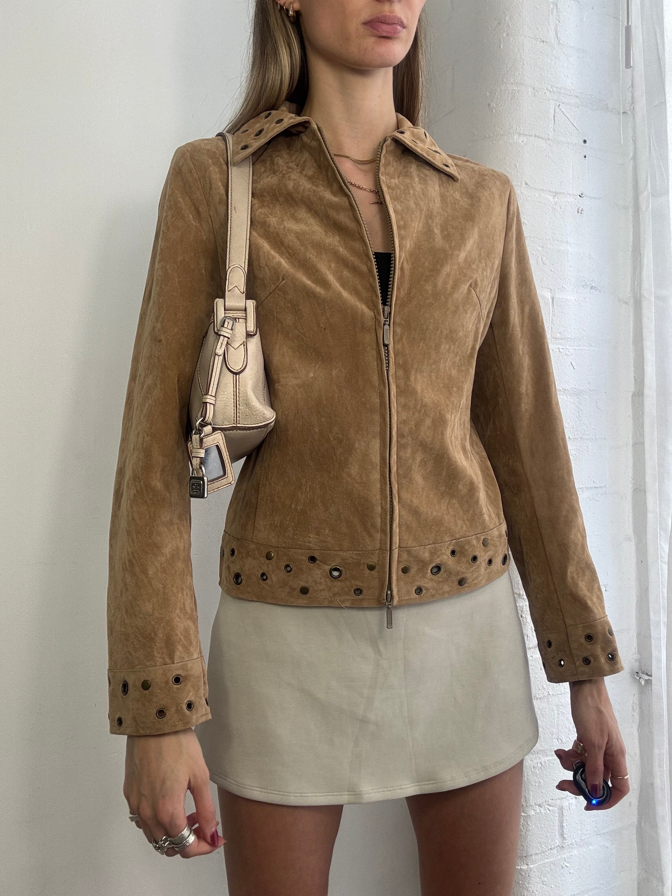 Vintage Y2K tan faux suede studded jacket