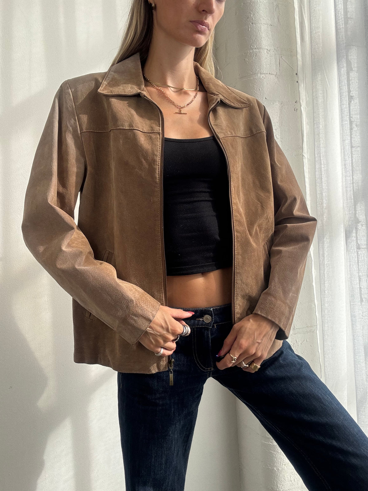 Vintage Y2K Tan Brown Suede Zip Up Jacket - Size M