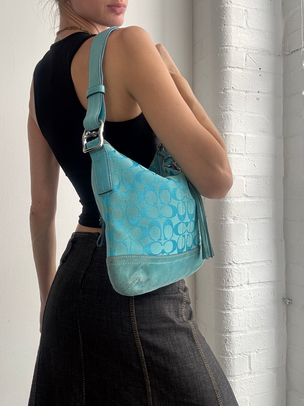 Vintage Y2K Coach turquoise monogram shoulder bag