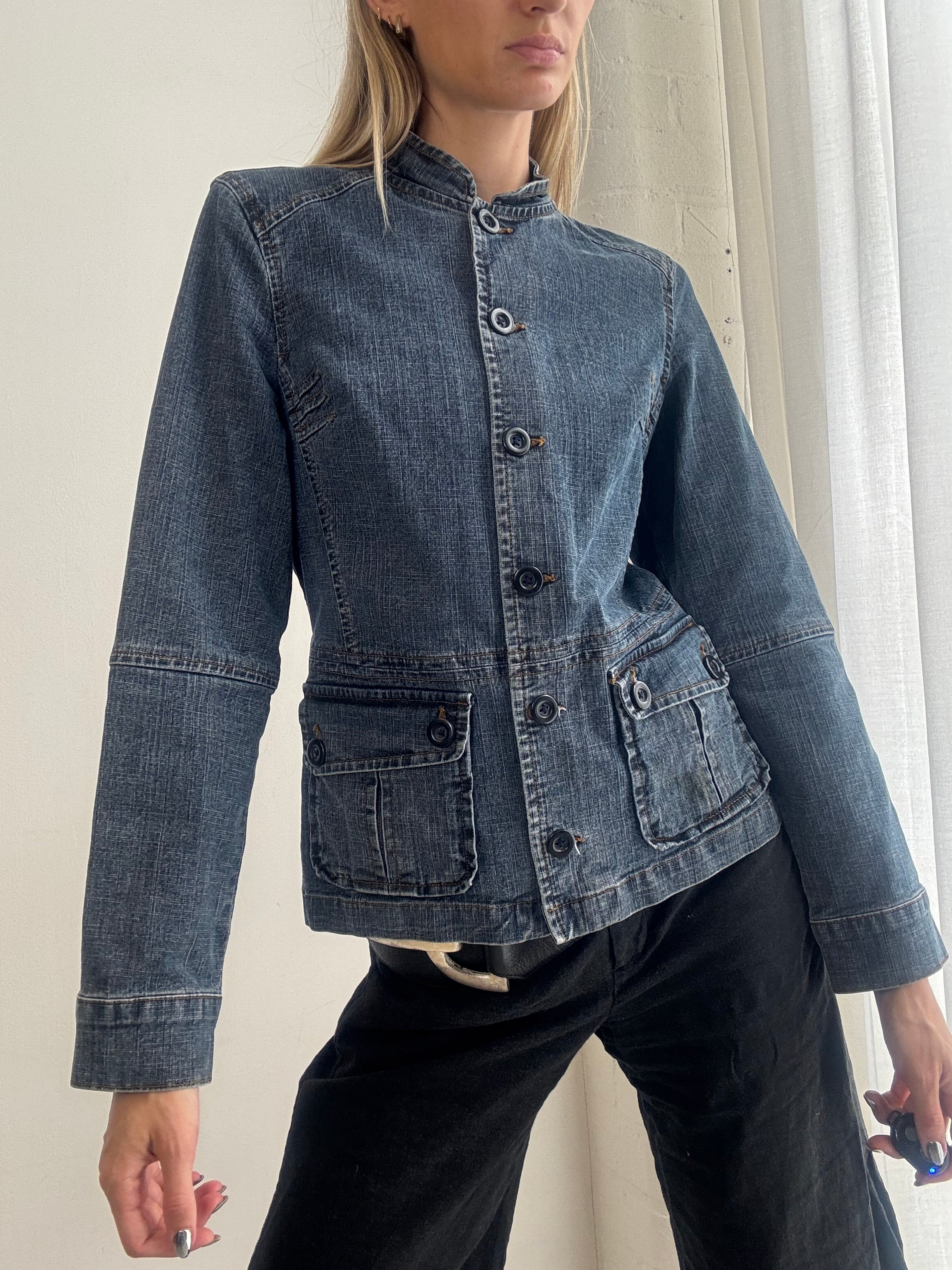 Vintage Y2K Denim Jacket – Blue Utility Button Up Denim Jacket - Size M