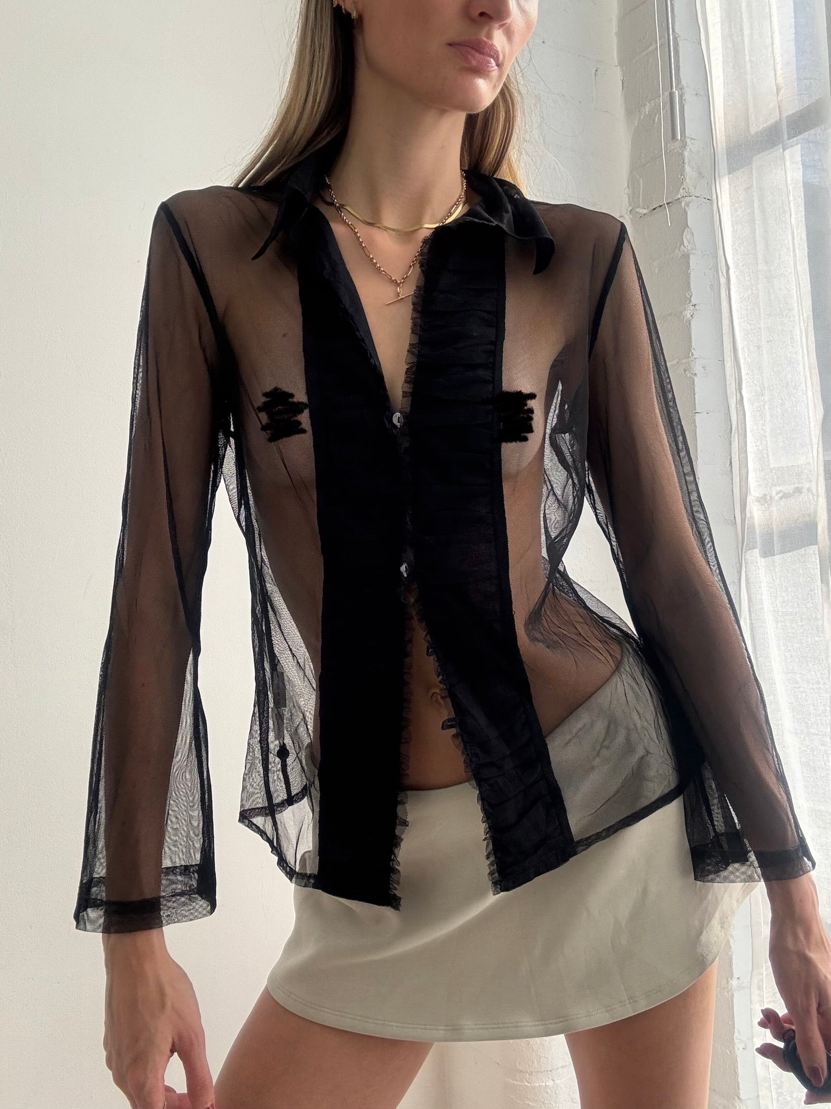 Vintage 90s Sheer Mesh Black Shirt Ruffles