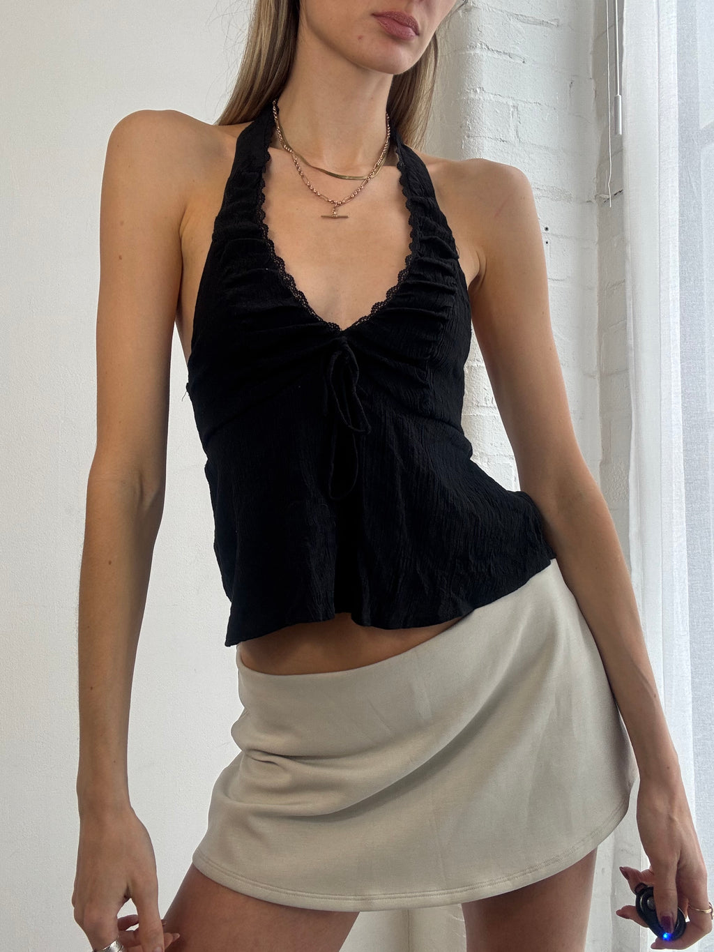 Vintage Y2K black halter neck lace trim top
