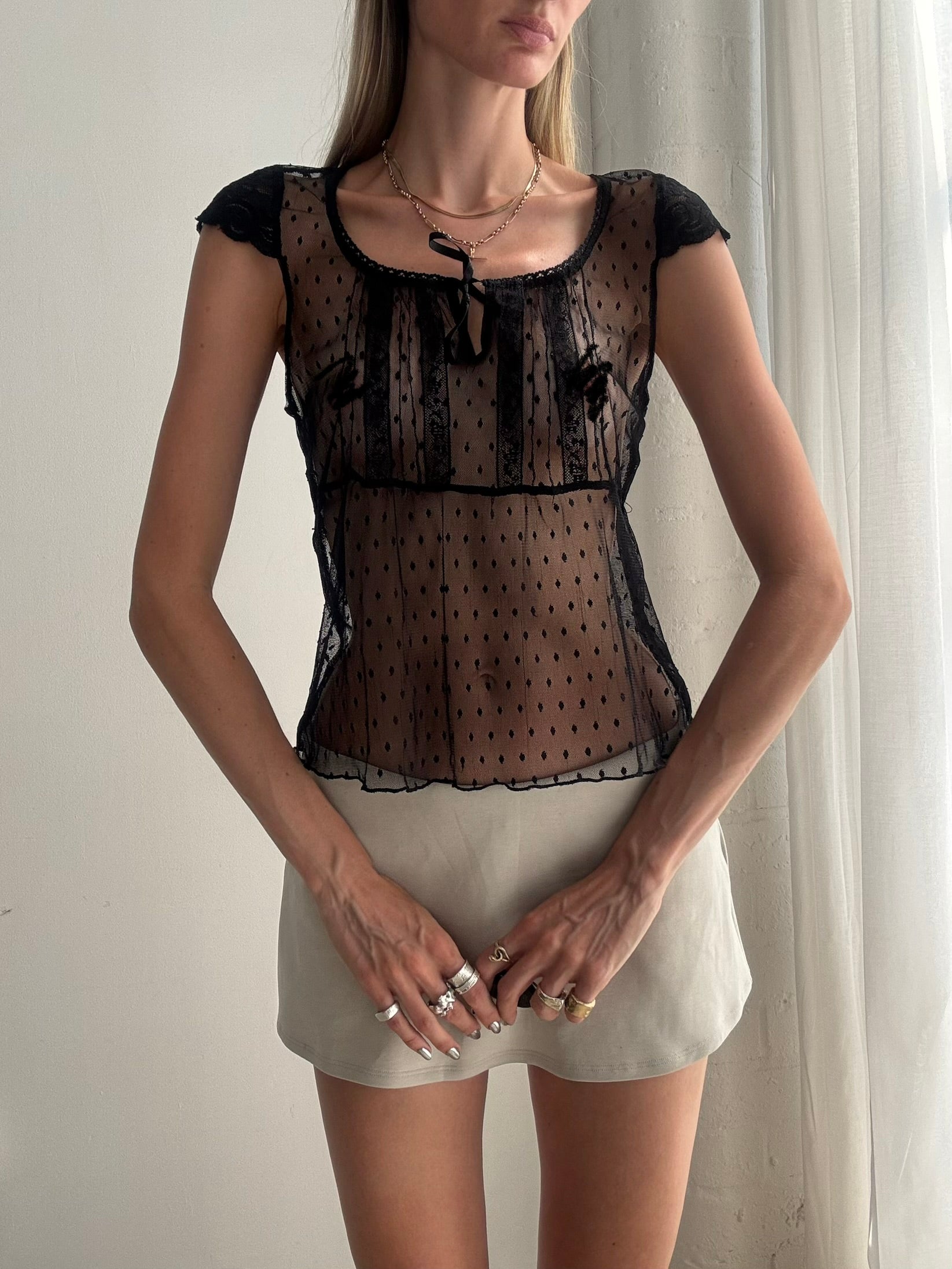 Vintage Y2K Sheer Polka Dot Mesh Top – Black Lace Tie Front Fairy Blouse - Size M