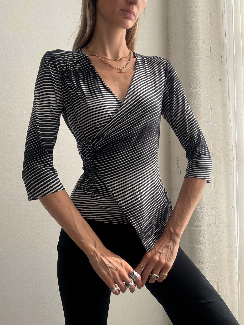 Vintage Y2K Black & White Striped Wrap Top - Size L