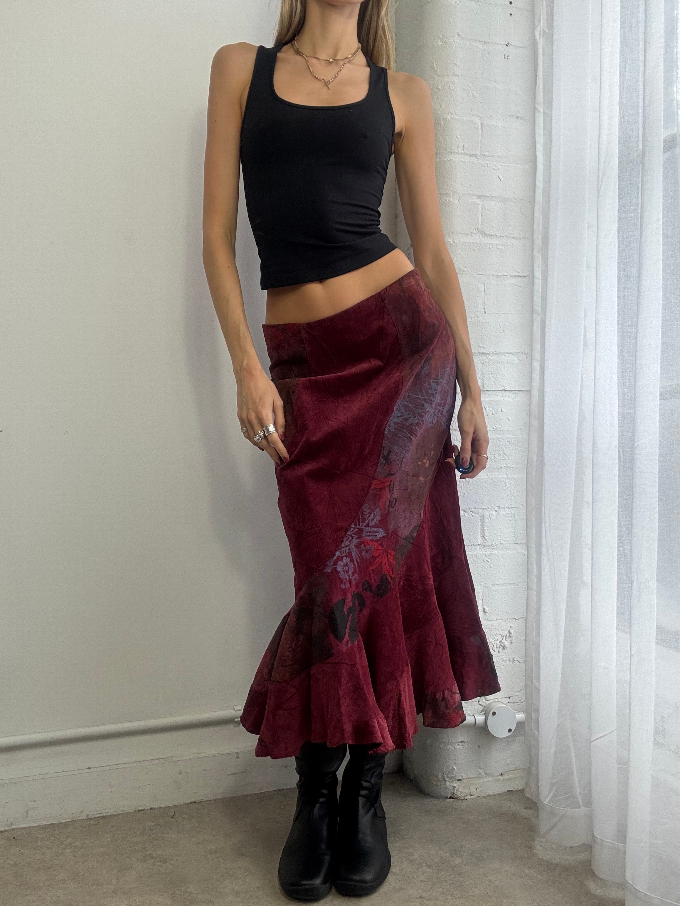 Vintage 90s red floral corduroy maxi skirt