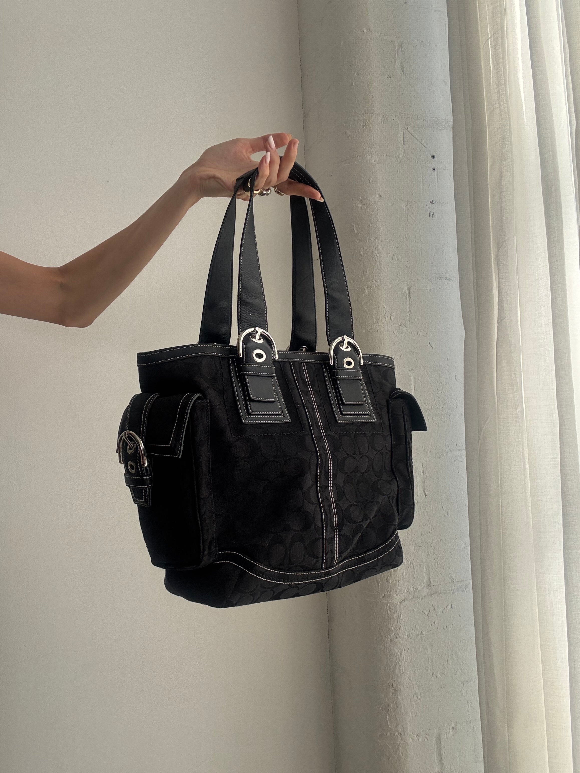 Vintage Y2K Coach Signature Tote Bag – Black Monogram Canvas Shoulder Handbag