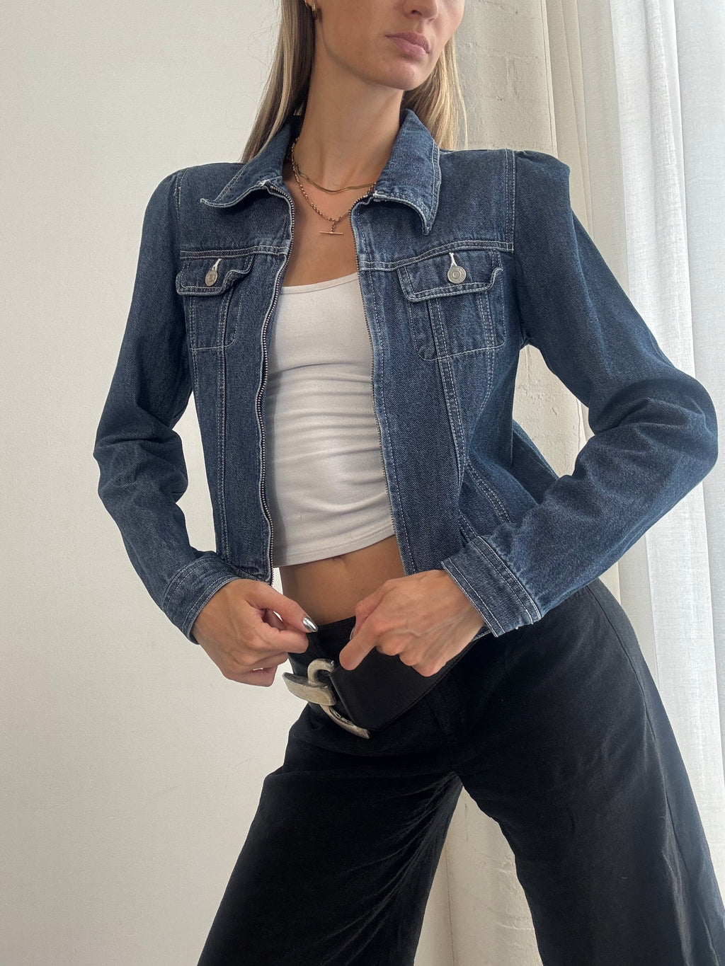 Vintage Y2K Zip Up Denim Jacket – Fitted Blue Jean Jacket - Size S