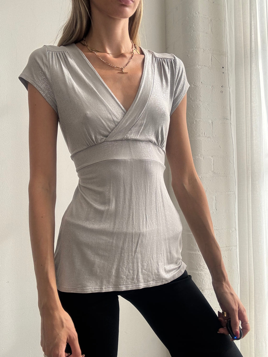 Vintage Y2K Silver Grey Empire Waist Wrap Top - Size S