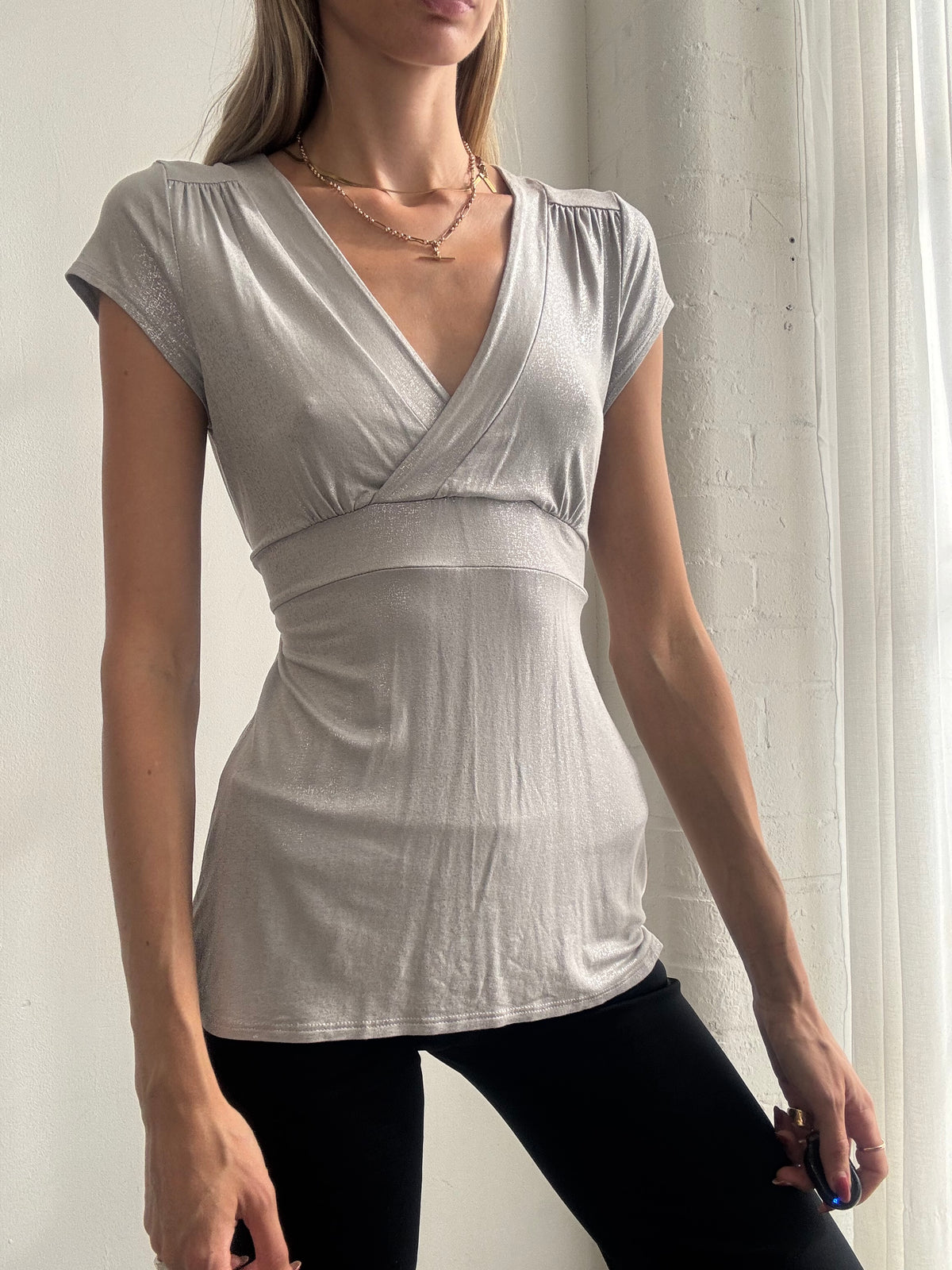 Vintage Y2K Silver Grey Empire Waist Wrap Top - Size S