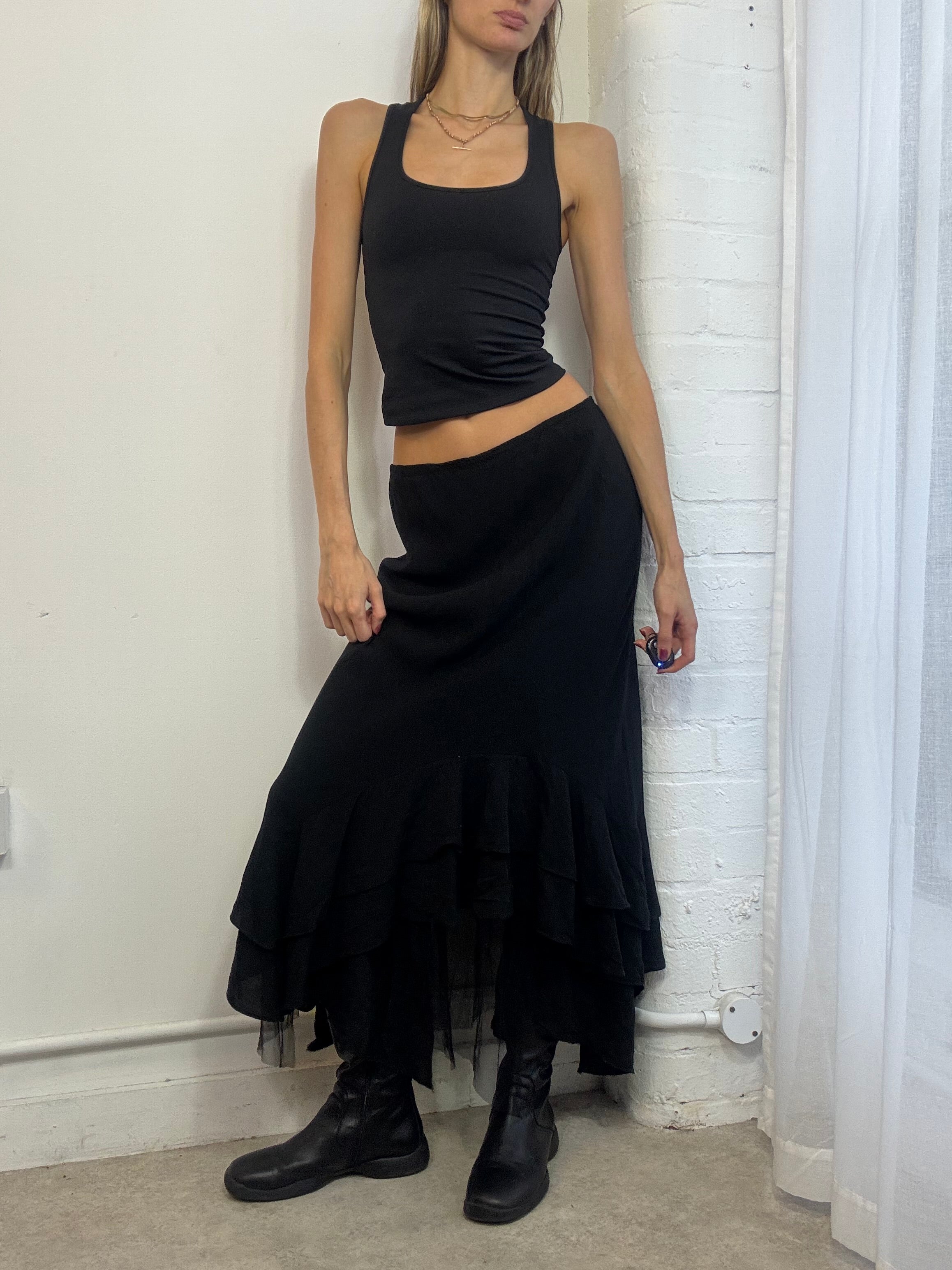 Vintage Y2K black ruffle maxi skirt