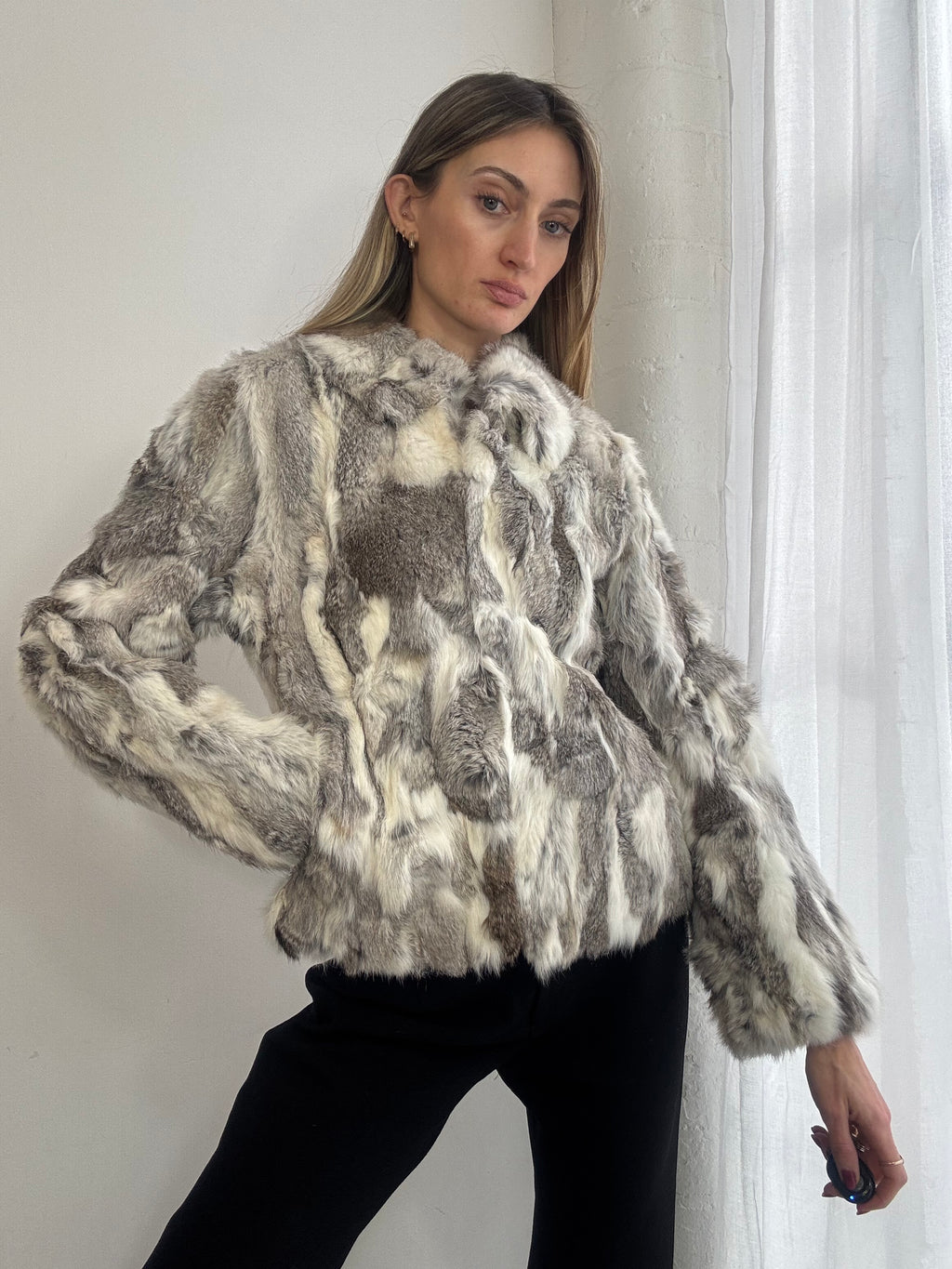 Vintage Y2K grey & white rabbit fur jacket
