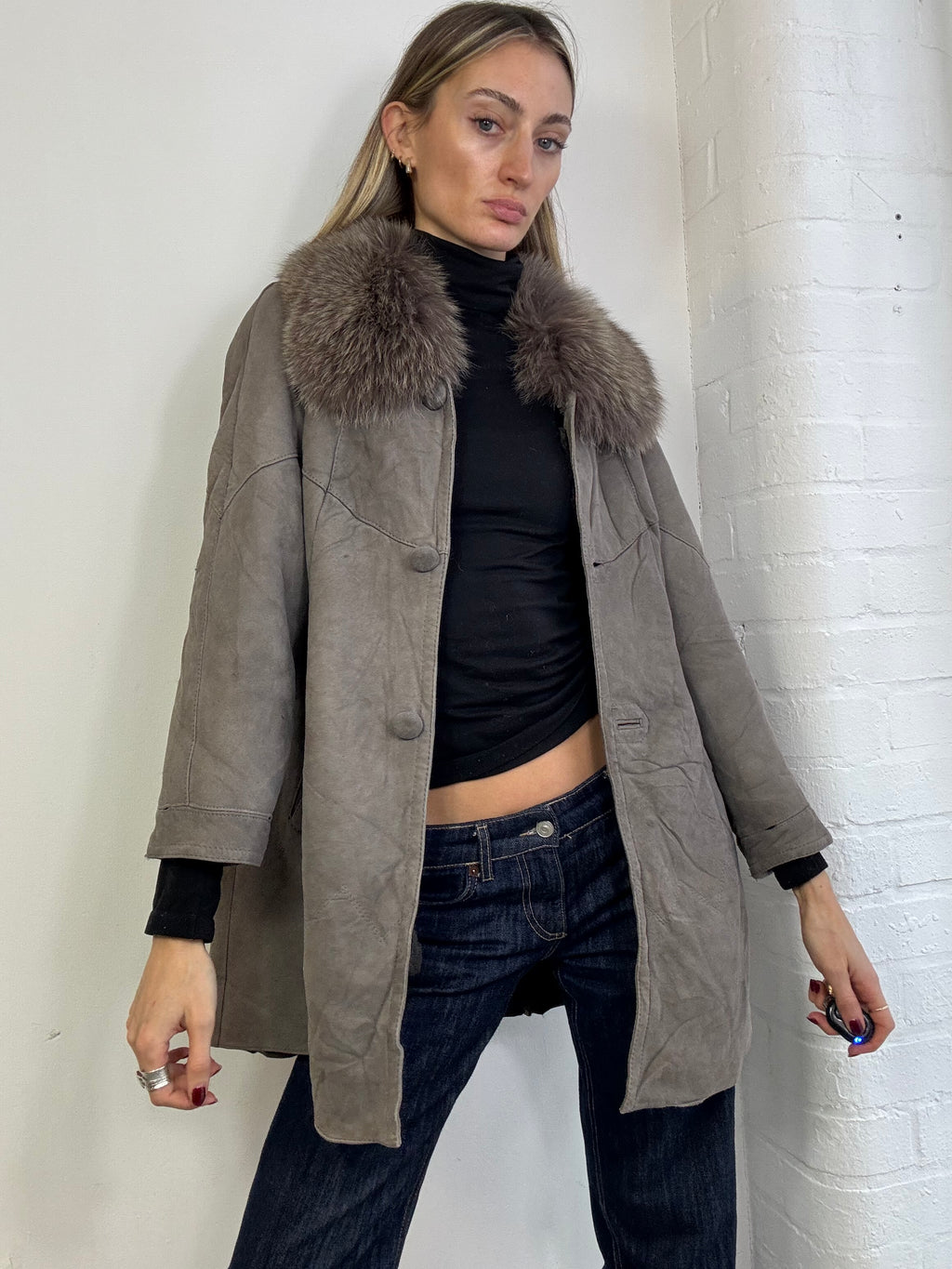 Vintage sheepskin coat with fur collar