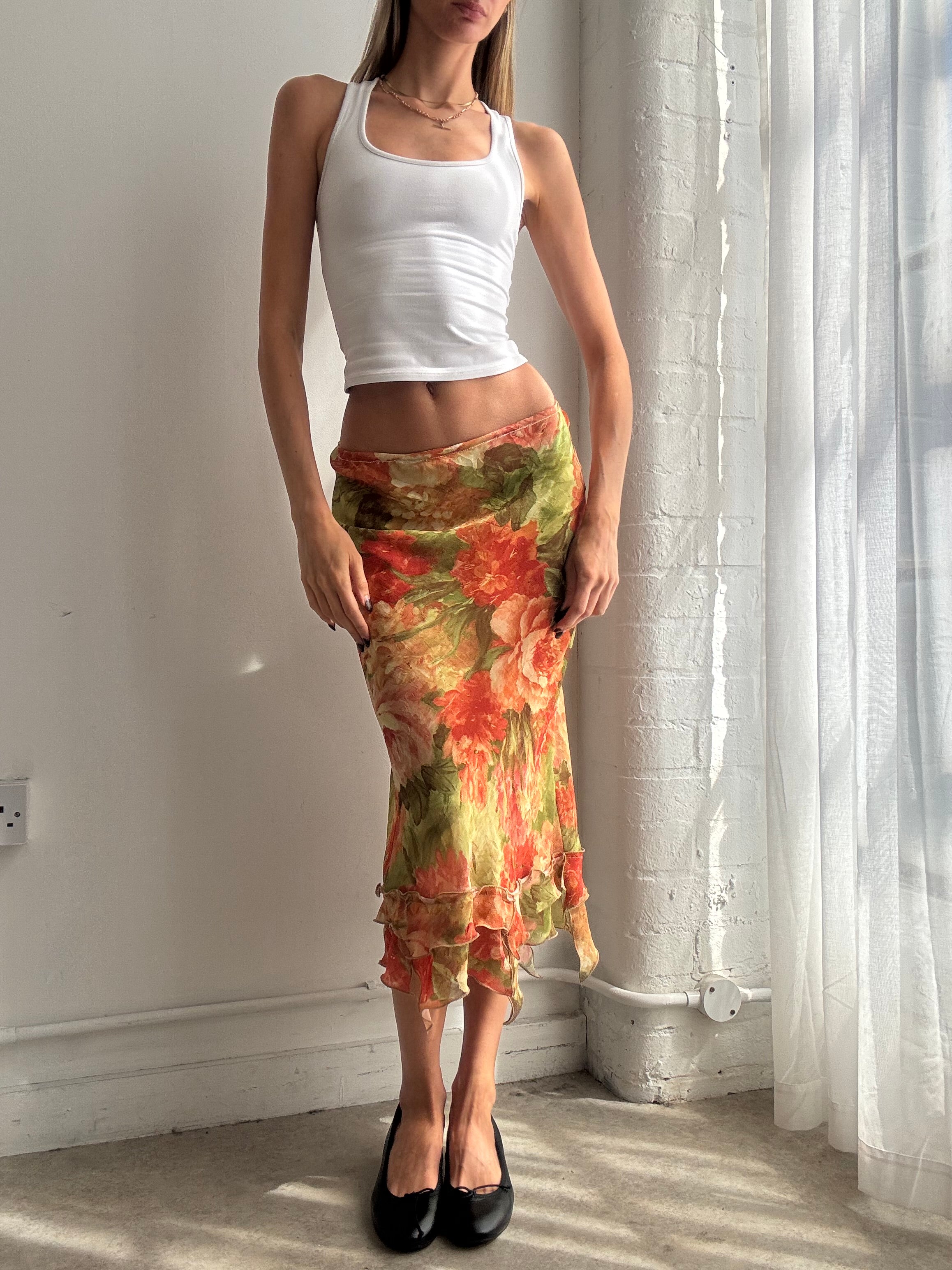 Vintage Y2K floral mesh ruffle midi skirt - Size XS/S