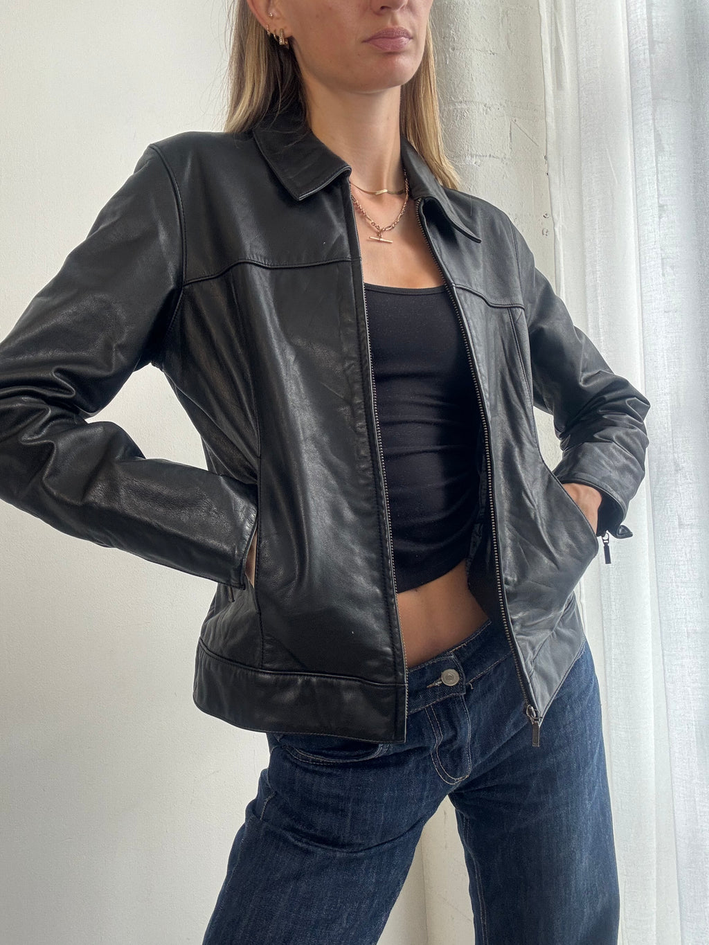 Vintage 90s Black Leather Zip Up Jacket - Size S