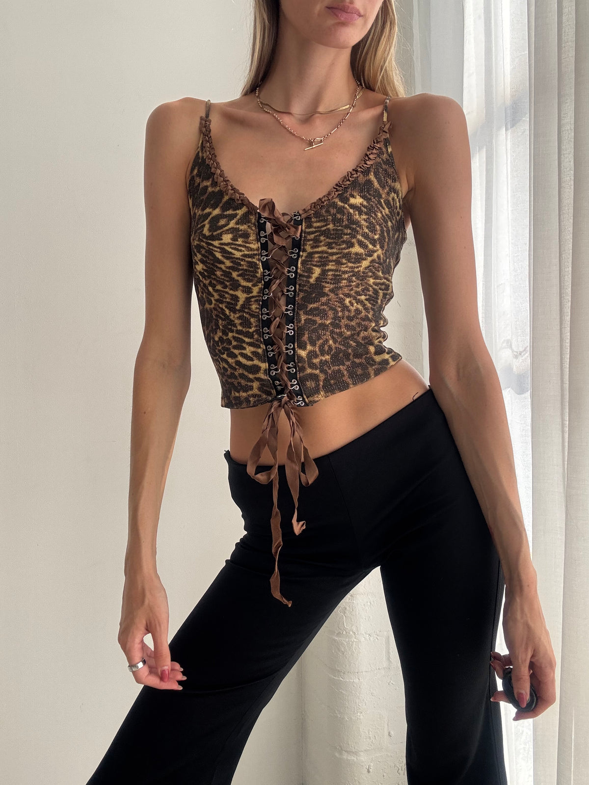 Vintage Y2K Leopard Print Lace Up Corset Cami Top - Size XS