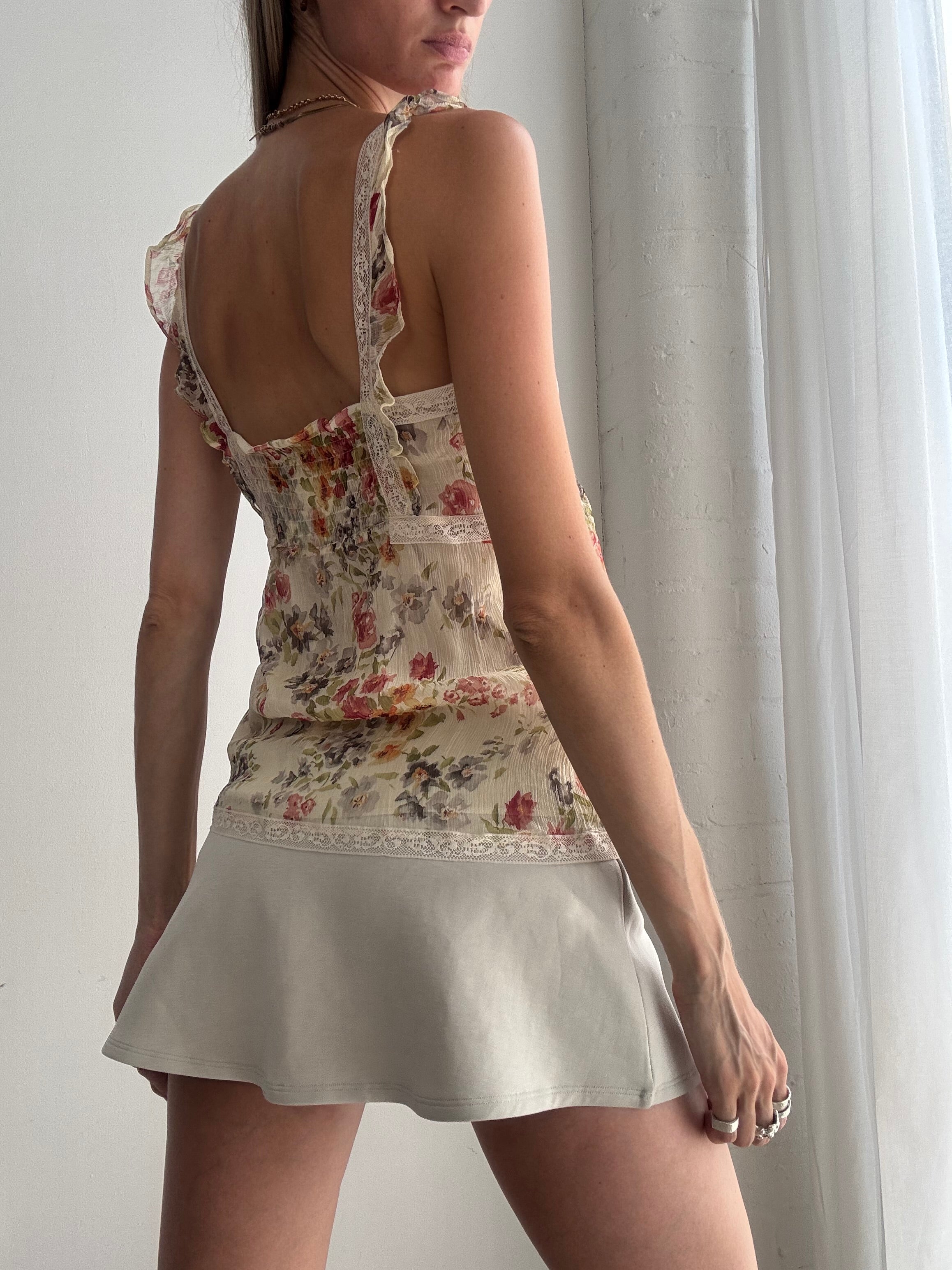 Vintage Y2K Floral Lace Trim Silk Cami Top – Romantic Cottagecore Boho Tank - Size L