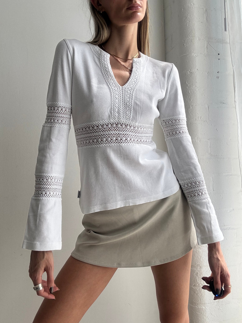 Vintage Y2K white lace panel long sleeve top - Size S