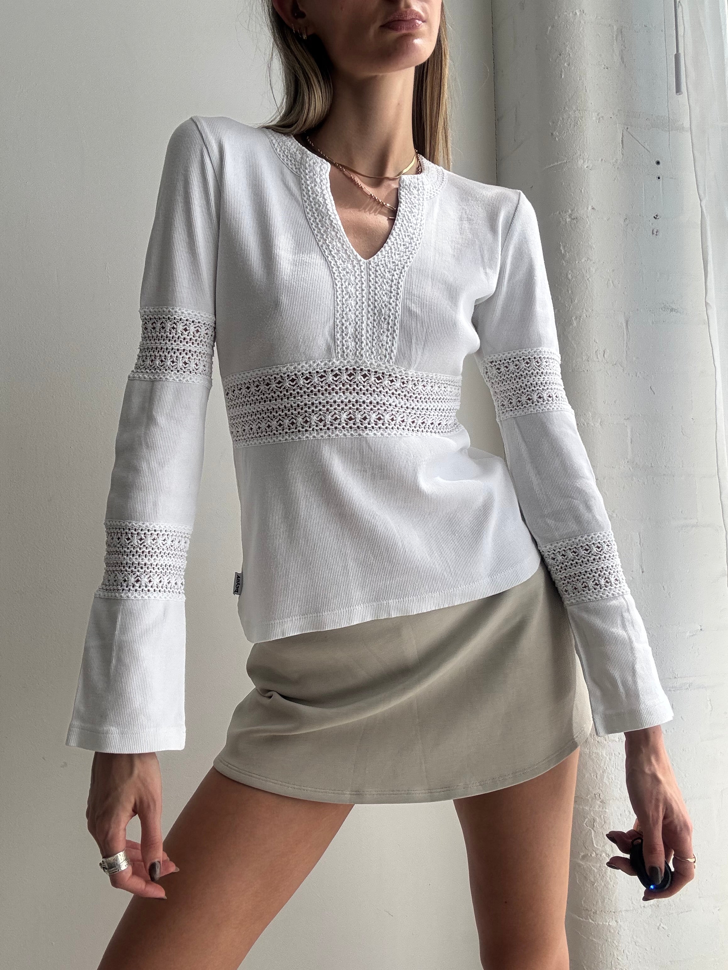 Vintage Y2K white lace panel long sleeve top - Size S