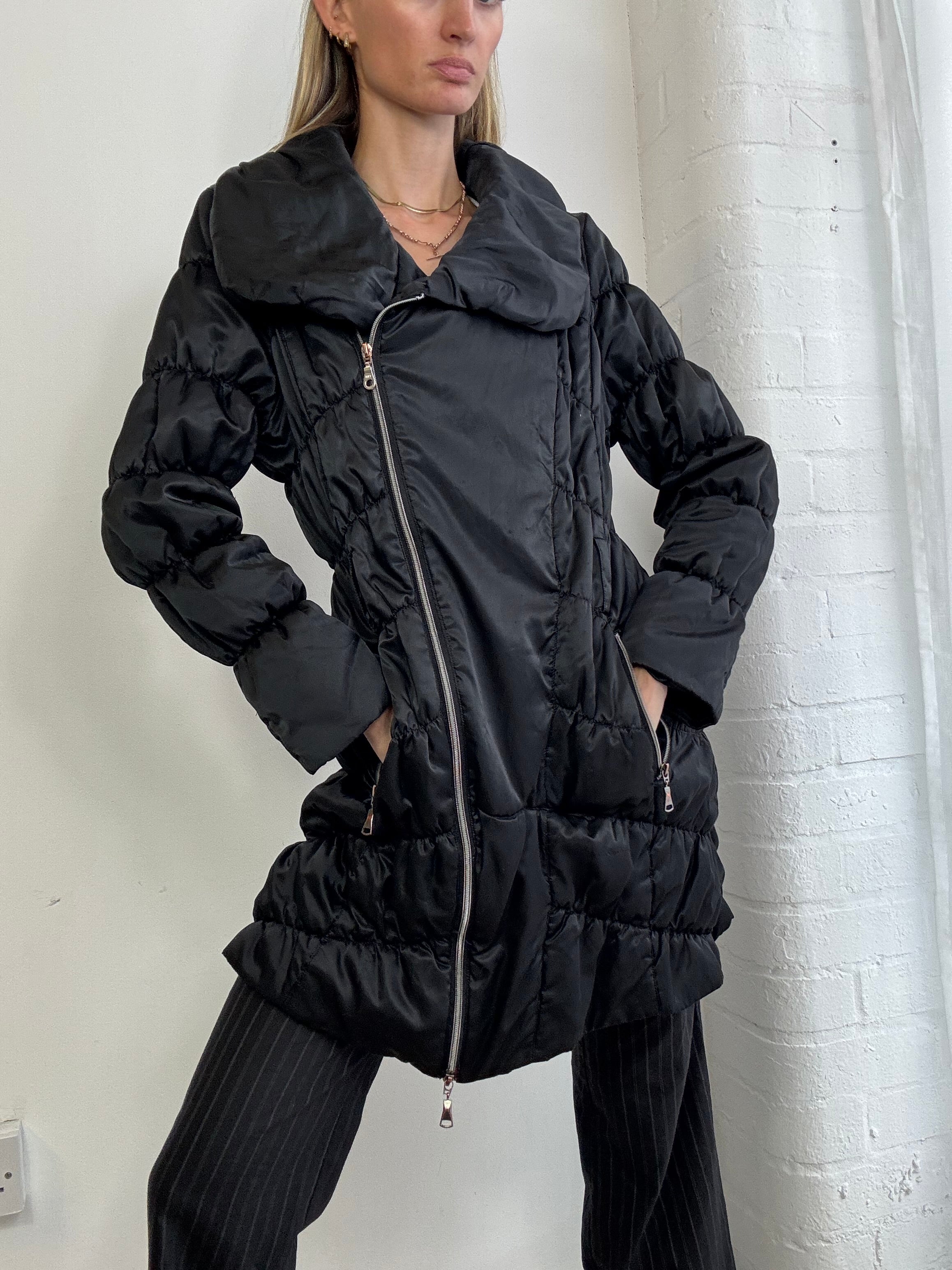 Vintage Y2K asymmetric zip up puffer coat black