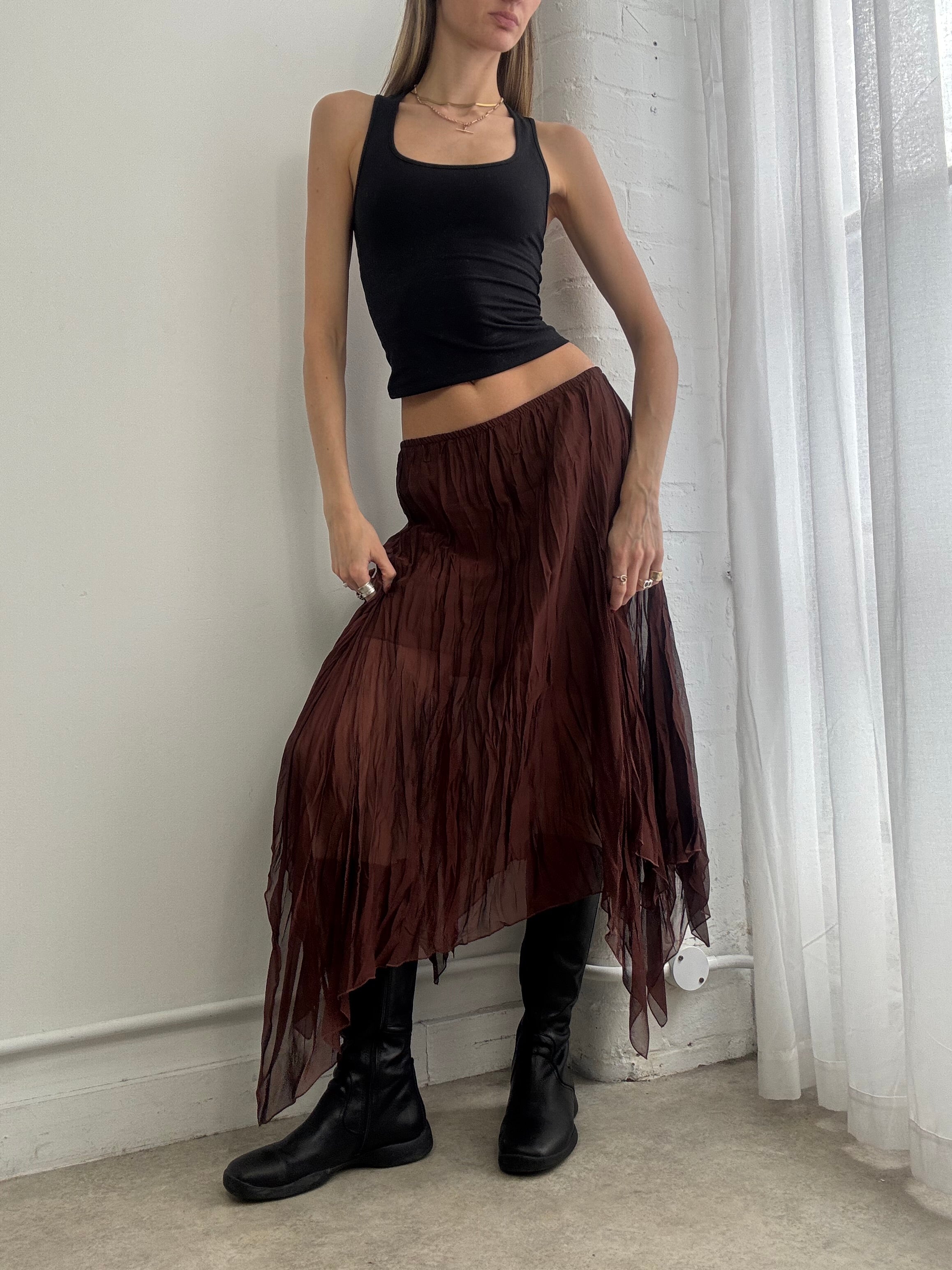 Vintage Y2K brown sheer mesh asymmetric pleated midi skirt