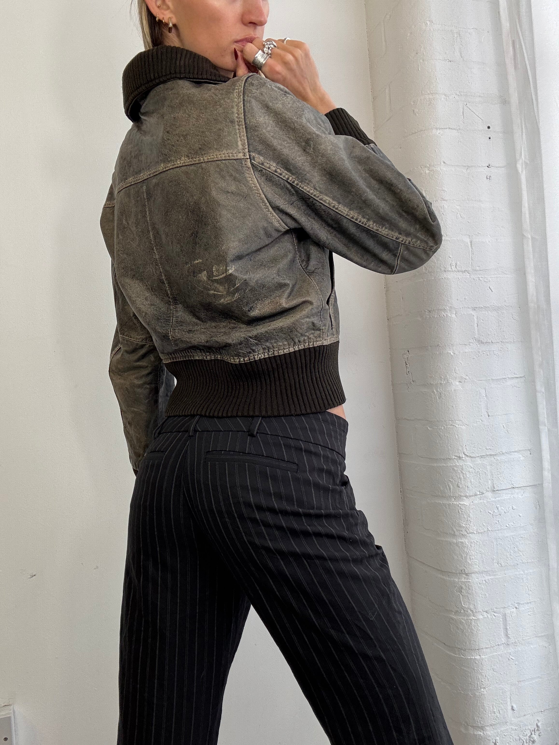 Vintage distressed faux leather bomber jacket brown