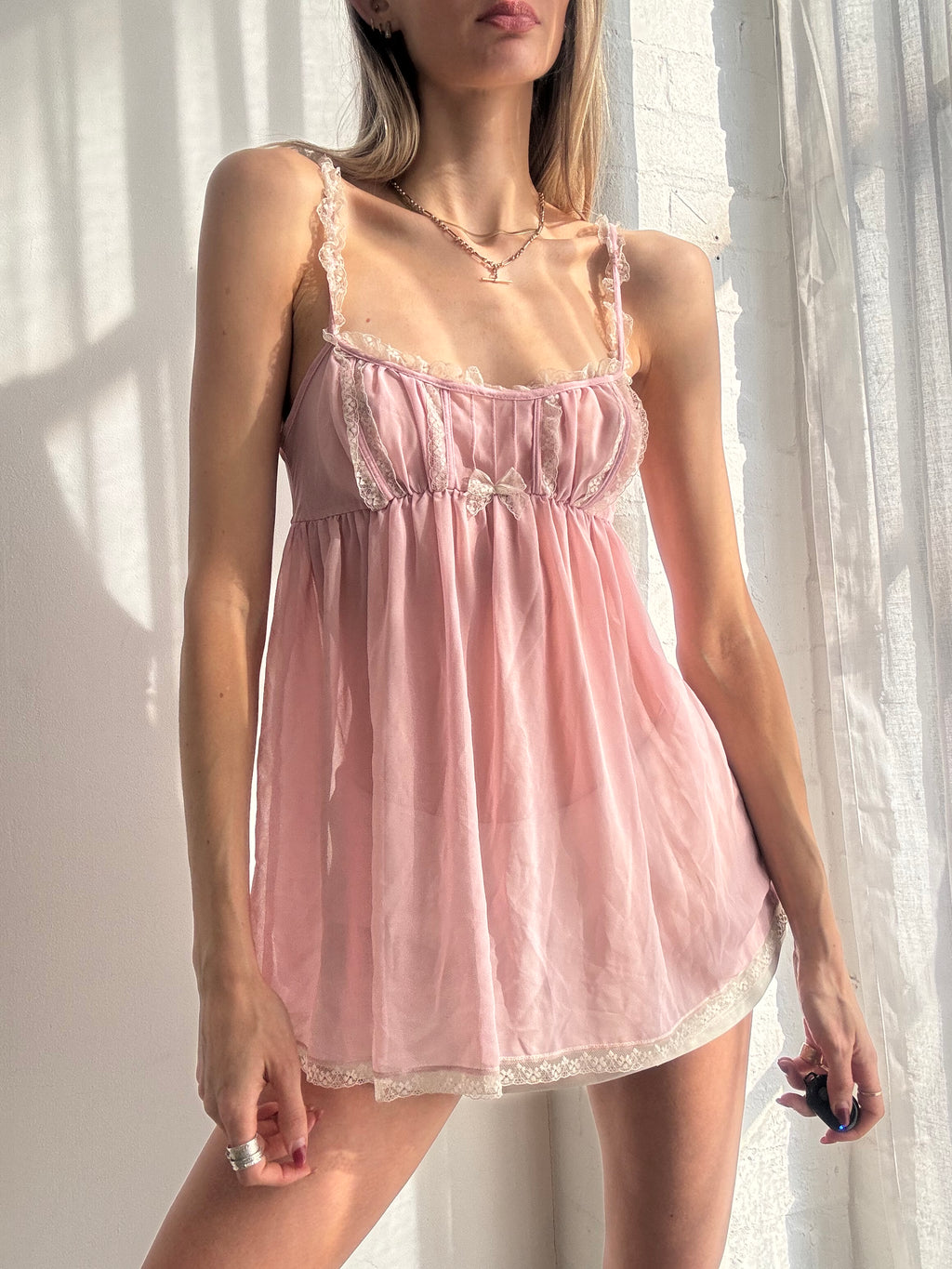 Vintage Y2K victoria's secret pink lace trim mesh babydoll cami top