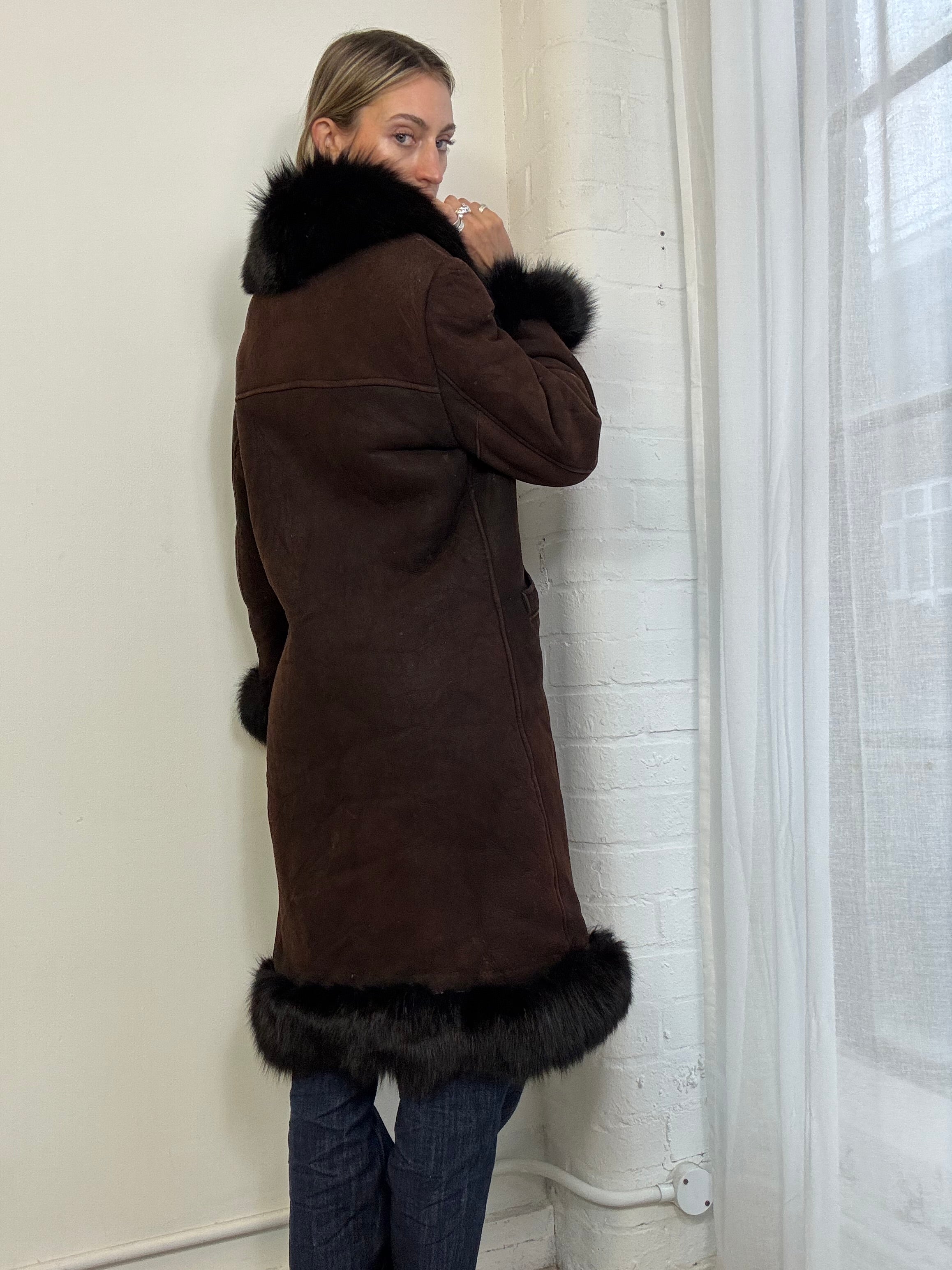 Vintage 90s long sheepskin suede & fur coat brown