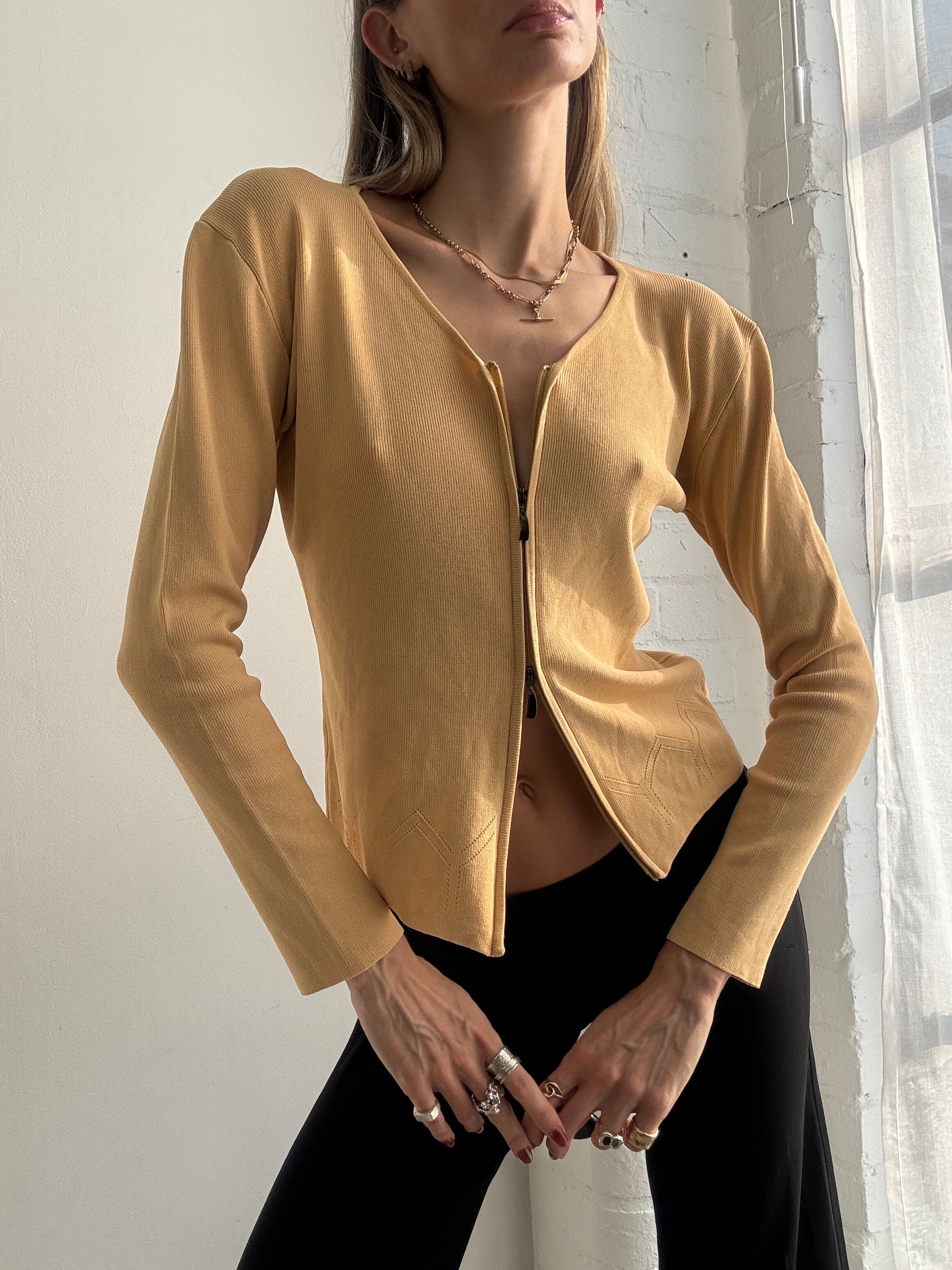 Vintage Y2k Dual Zip Ribbed Knitted Top Jumper Yellow