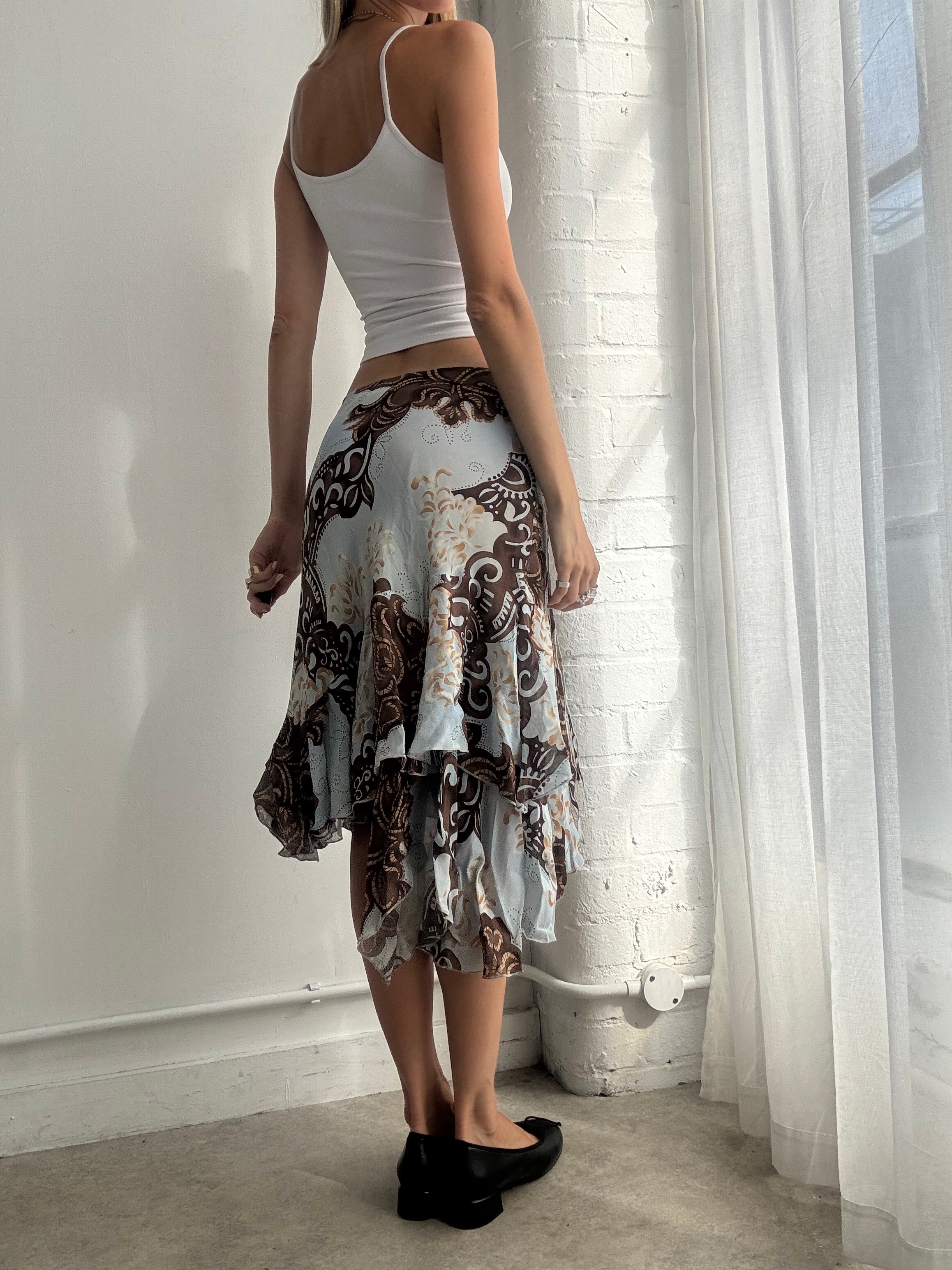 Vintage Y2K Asymmetric Paisley Ruffle Midi Skirt - Size S