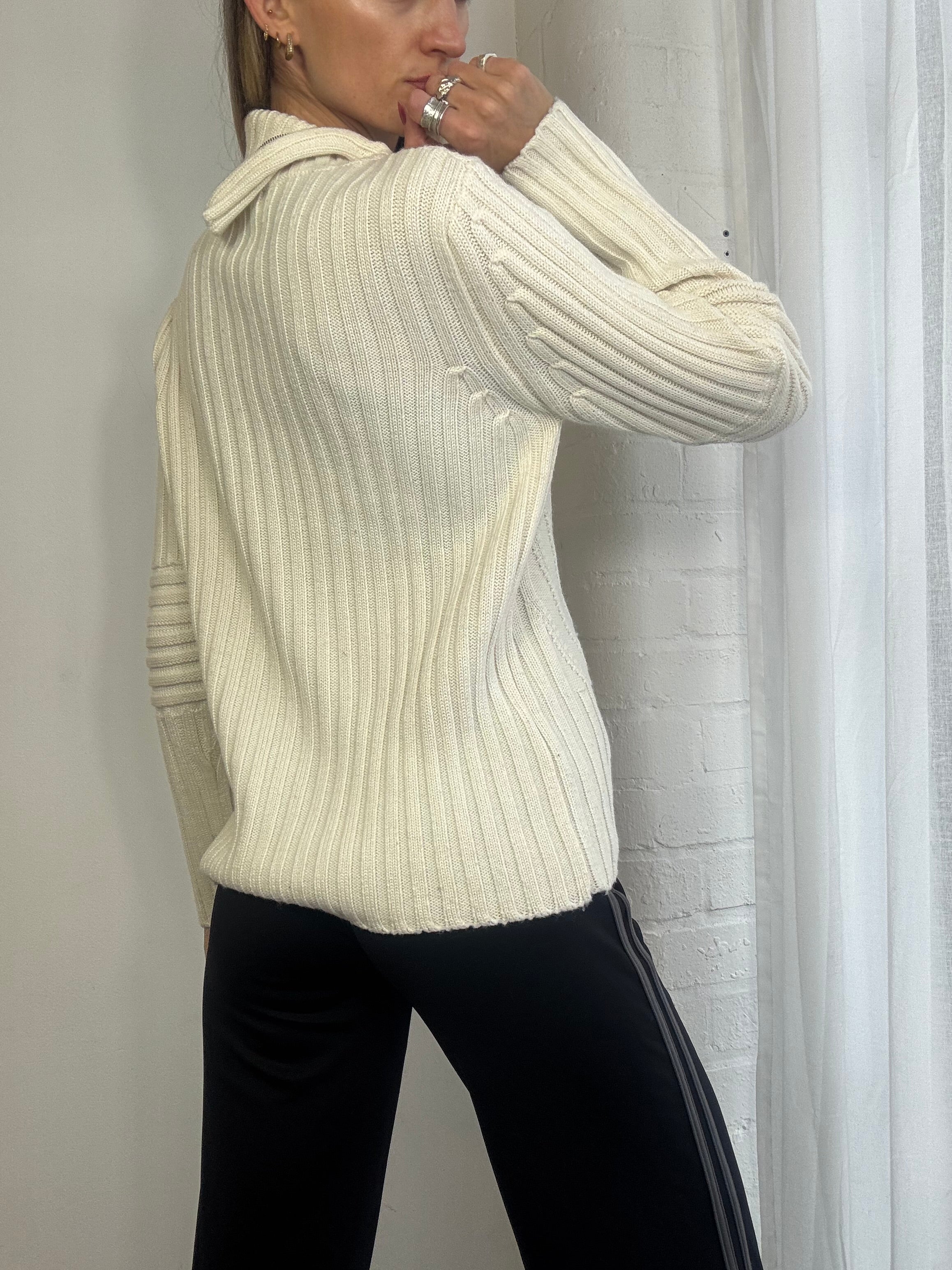 Vintage Y2K cream knitted jumper asymmetric zip