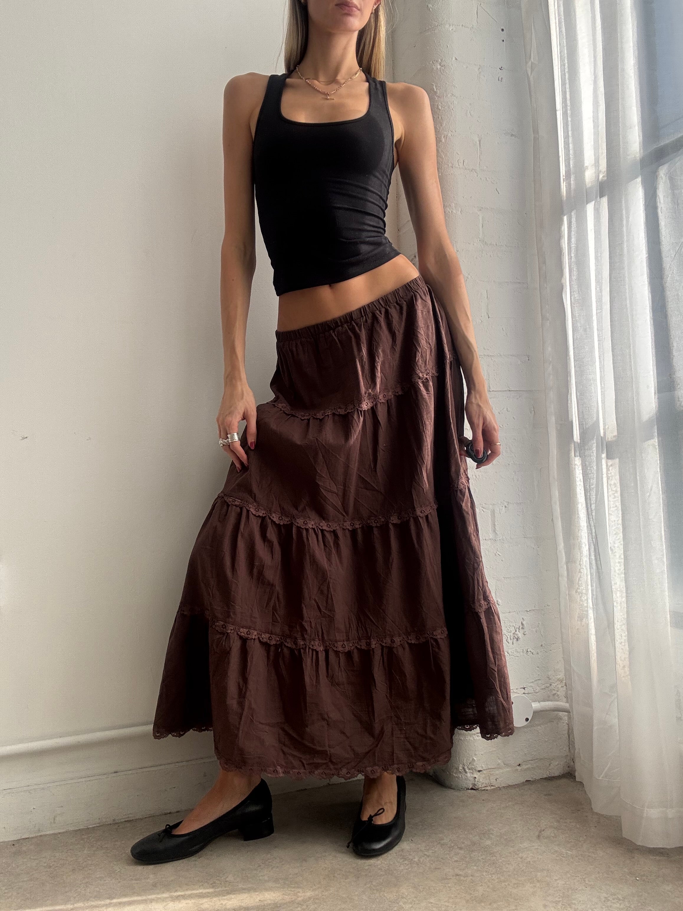 Vintage Y2K tiered brown cotton & lace maxi skirt