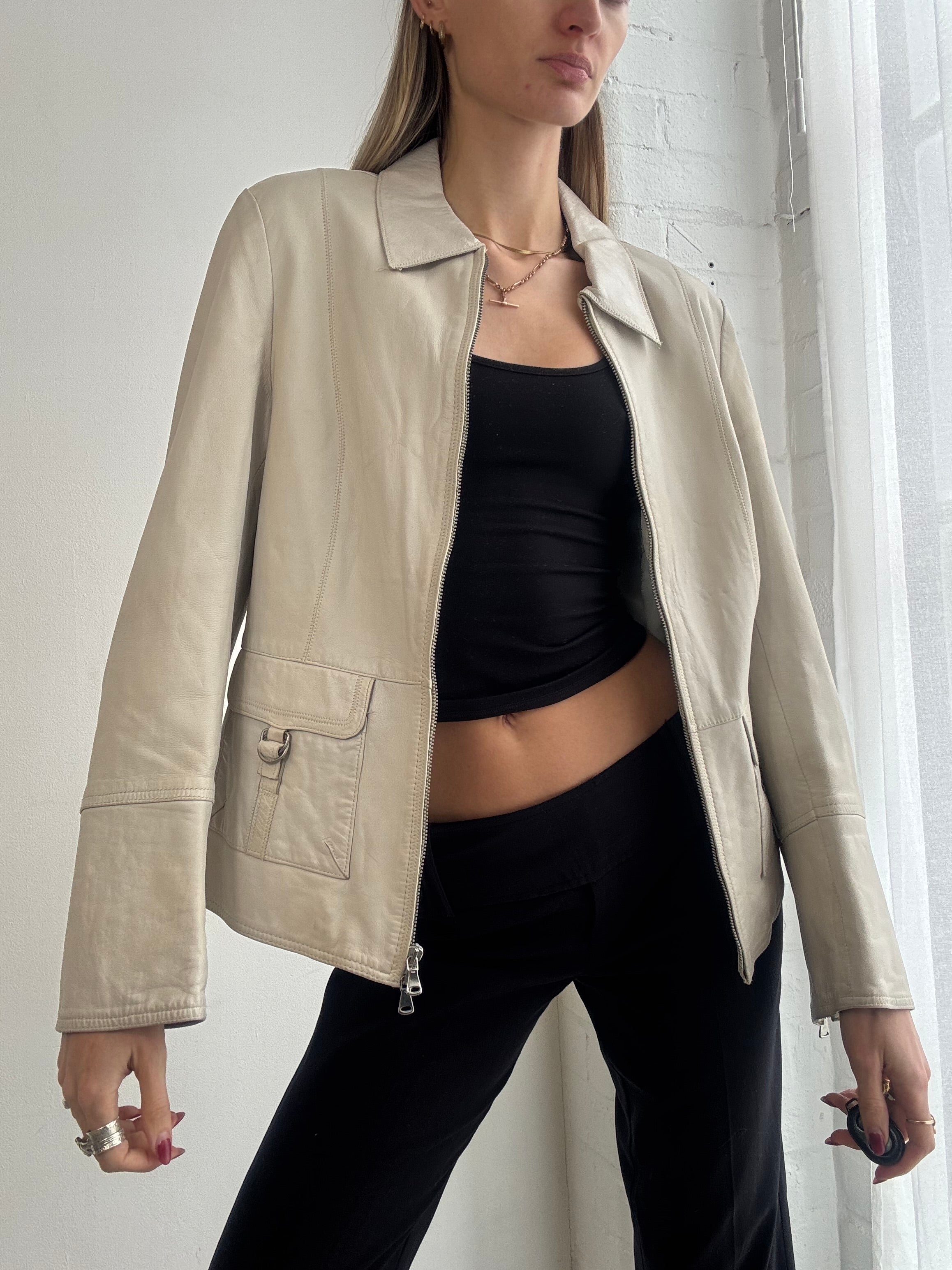 Vintage Y2K cream leather zip jacket