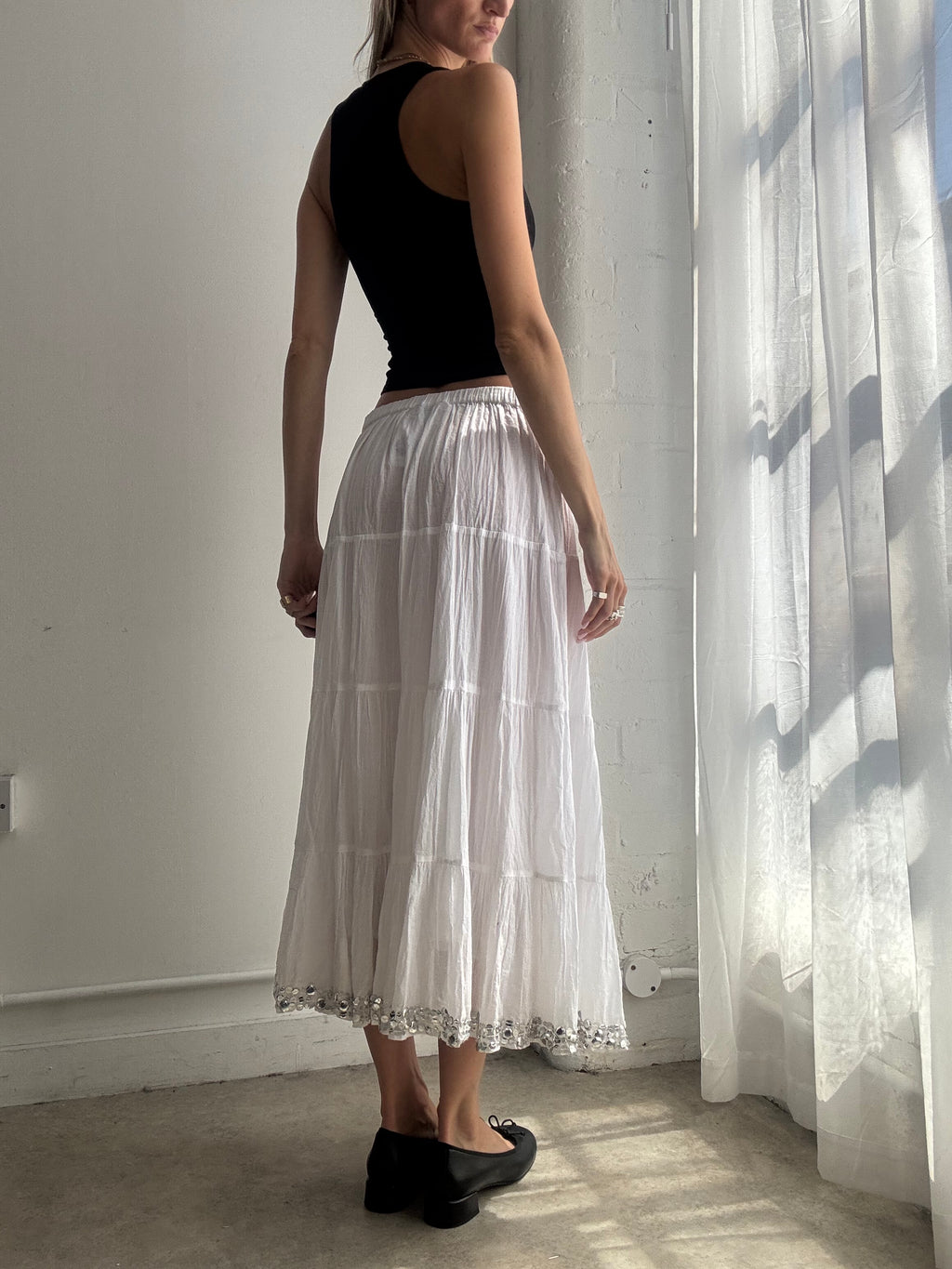 Vintage White Tiered Maxi Skirt Y2K Silver Sequin - Size S/M